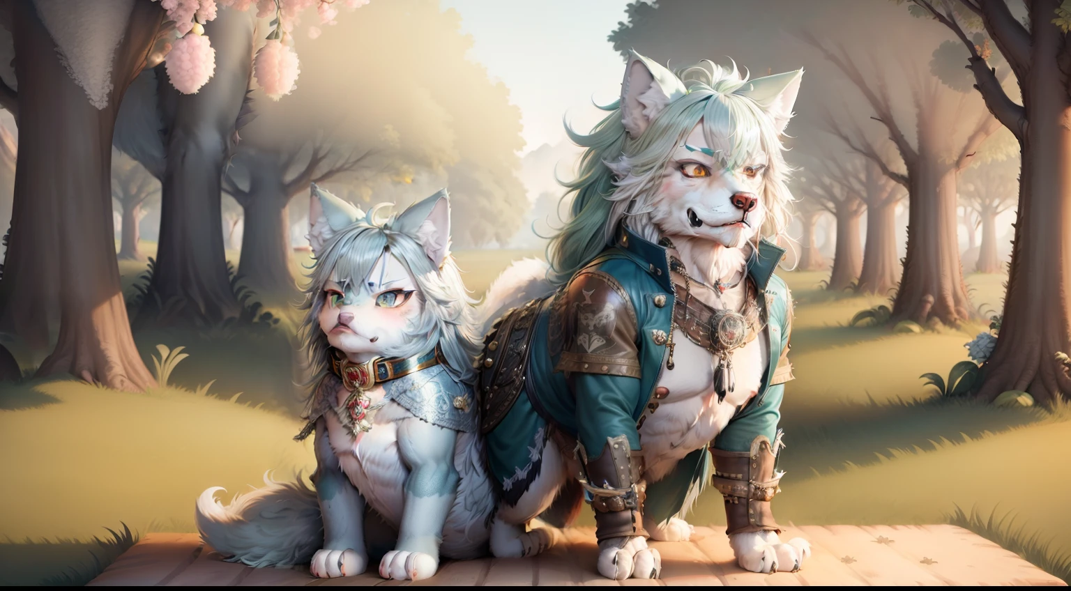 (Animal Anthropomorphism), Wolf, , studded leather jacket with intricate ornamentation, pirate steampunk theme, handsome, leather jacket with intricate studded ornamentation, , highest quality,, man, body fitness, full body, long green hair, and goatee, standing on the bow of a galleon