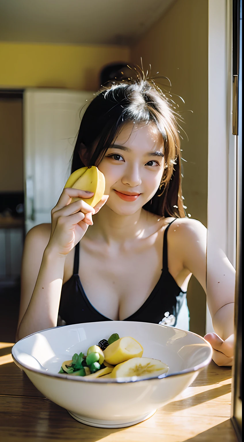 top-quality, ​masterpiece, 超A high resolution, (realisitic: 1.4), OriginalPhotographs, wall-paper, Head Photo, The skin, simple background, Black eye, detaileds, selfy, 1 rapariga, 18 years old, breezing, rays of sunshine, kitchin, eating banana,huge tit