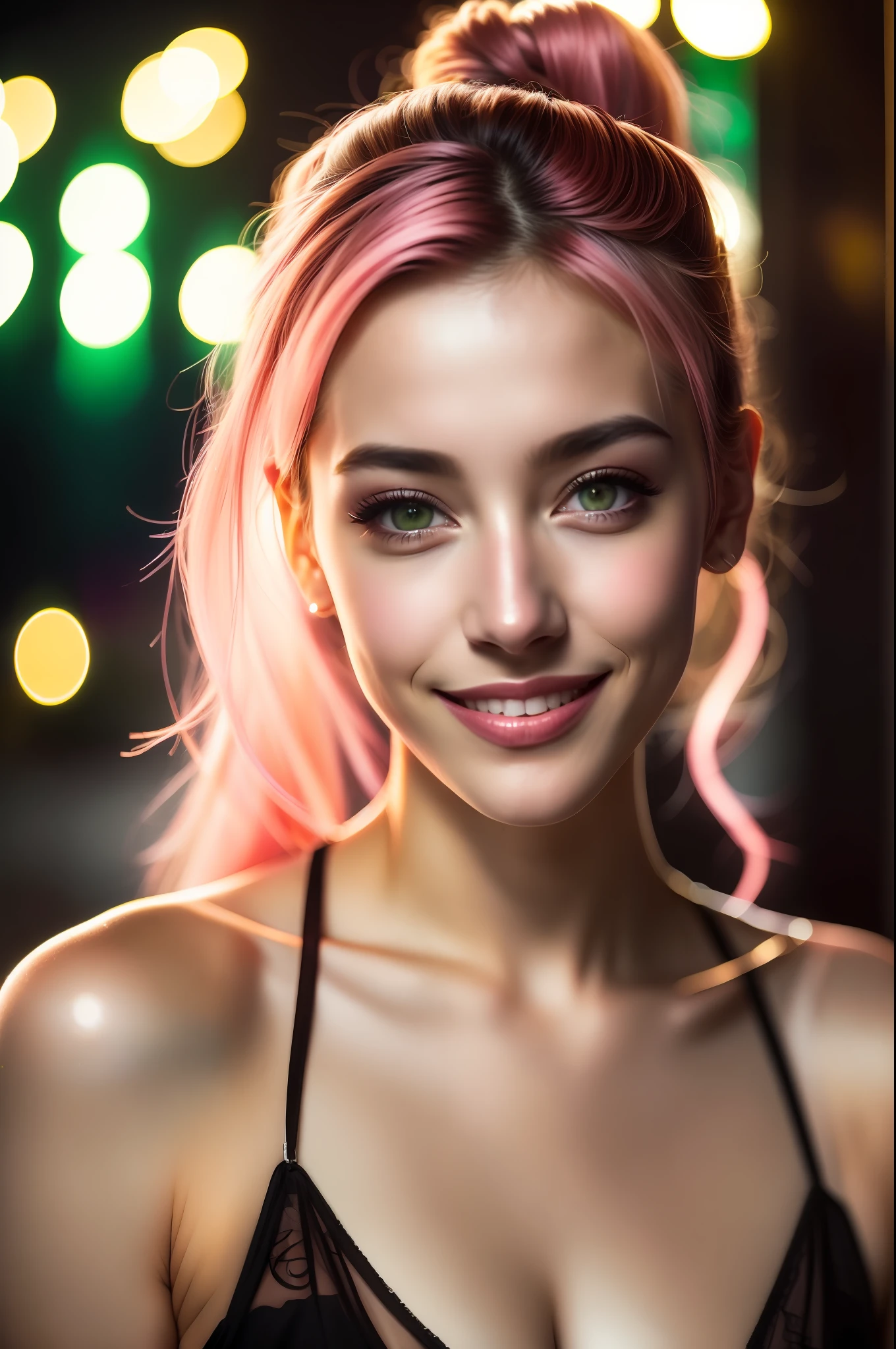 cena noturna, Close up foto de uma garota prostituta francesa sexy, posando, olhe para uma câmera e sorria, cabelo de rabo de cavalo rosa, (olhos verdes:0.8), Rosto jovem e bonito, o 18, luzes volumétricas suaves, (retroiluminado:1.3), (cinematic:1.3), Detalhes intrincados, (estação de arte:1.2)