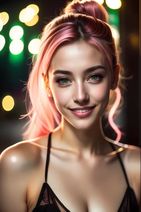 night scene, close up photo of a sexy french prostitute girl, posing, look at a camera and smile, pink ponytail hair, (green eye...