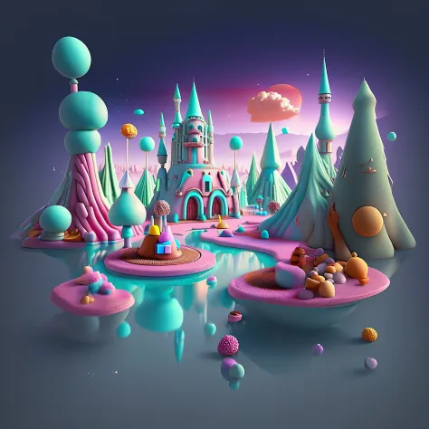 Un primer plano de un castillo con muchos dulces, en una casa estilo tierra de caramelos, Bosque de dulces, Cinema 4D render colorido, Tendencia en Behance 3D Art, Tendencia en Behance 3 D Art, Arte de renderizado 3D de Rolands Zilvinski, 3D estilizar esce...