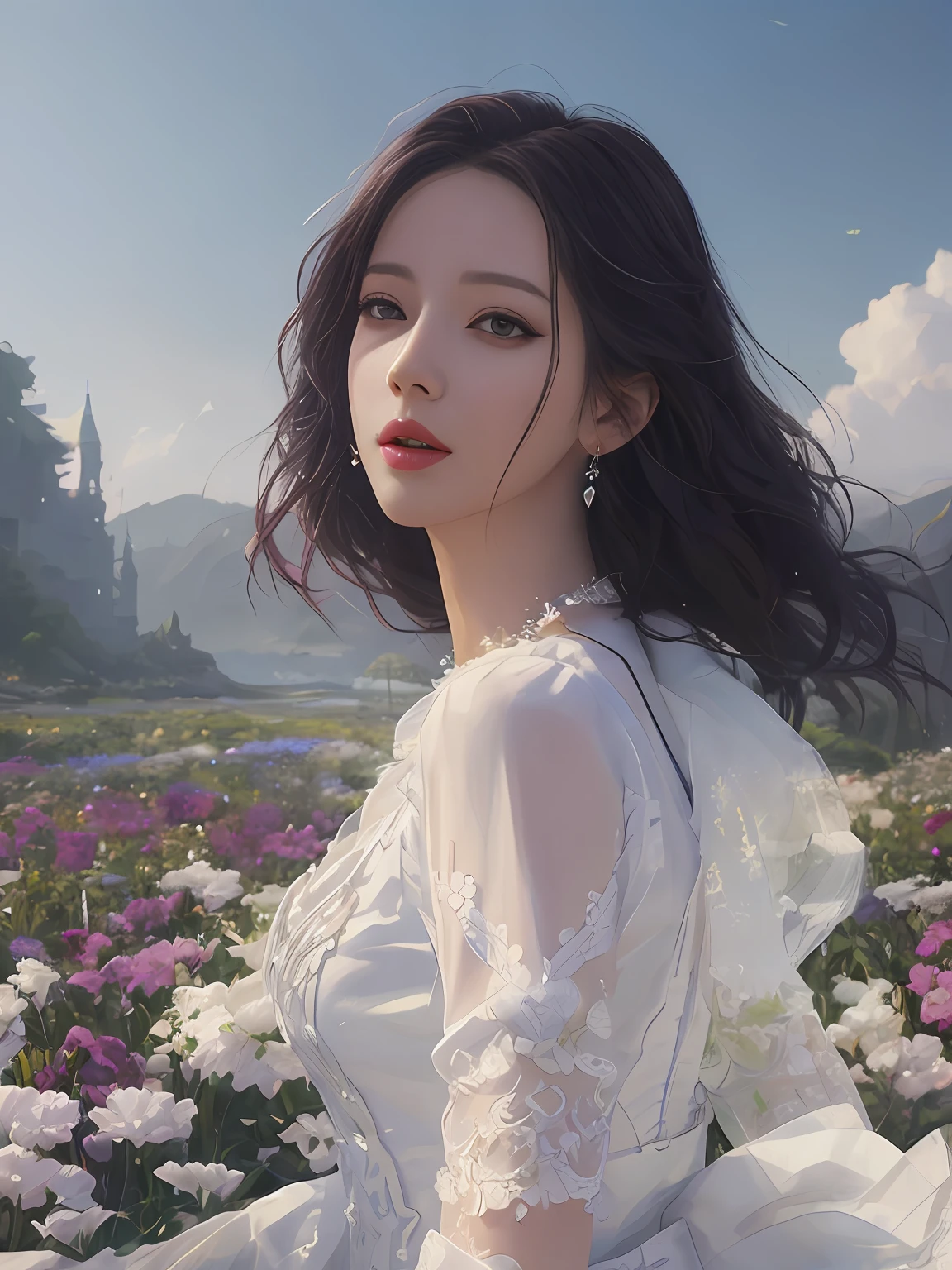 Woman in white dress standing in flower garden, beautiful digital works of art, beautiful digital painting, Gorgeous Digital Painting, beautiful digital illustrations, 4K highly detailed digital art, artwork in the style of guweiz, inspired by Yanjun Cheng, 8k high quality detailed art, by Ross Tran. scenic background, realistic digital art 4 k, realistic digital art 4k