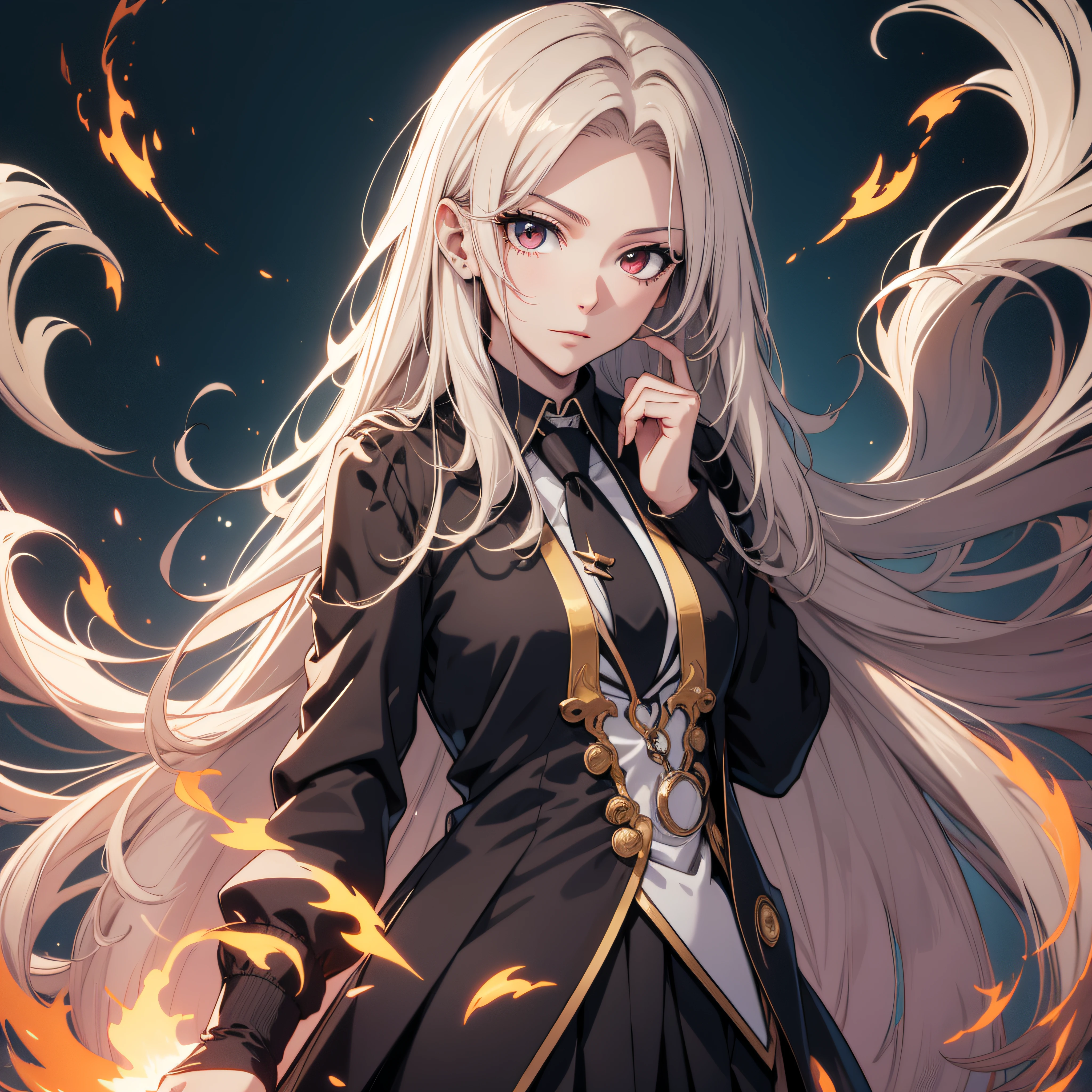 (ultra-detailed, perfect pixel, highrest, best quality), 20 years old Anime girl, smooth anime artstyle, long raven hair, slightly wavy hair, parted bangs, gradient hair color, Magus, red eyes, detailed eyes, beautiful eyes, long black coat, white shirt, ((neckwear, long tie)), black skirt, aristocrat, noble attire, beautiful, ethereal, elegant, prestigious, dark forest background, particle effect, smoke effect, fire flame, magic sword, lightning, magic light, standing, looking at viewer