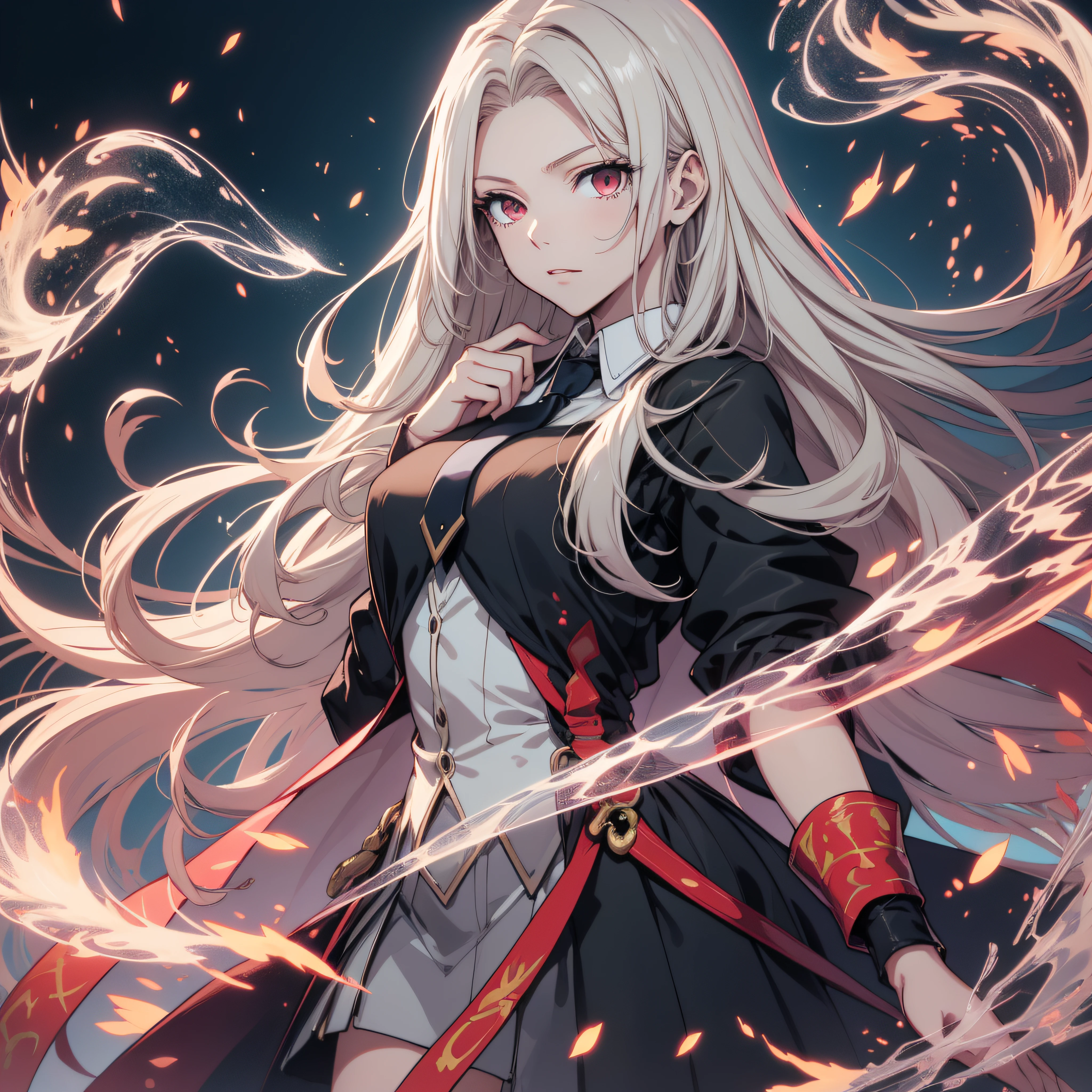 (ultra-detailed, perfect pixel, highrest, best quality), 20 years old Anime girl, smooth anime artstyle, long raven hair, slightly wavy hair, parted bangs, gradient hair color, Magus, red eyes, detailed eyes, beautiful eyes, long black coat, white shirt, ((neckwear, long tie)), black skirt, aristocrat, noble attire, beautiful, ethereal, elegant, prestigious, dark forest background, particle effect, smoke effect, fire flame, magic sword, lightning, magic light, standing, looking at viewer