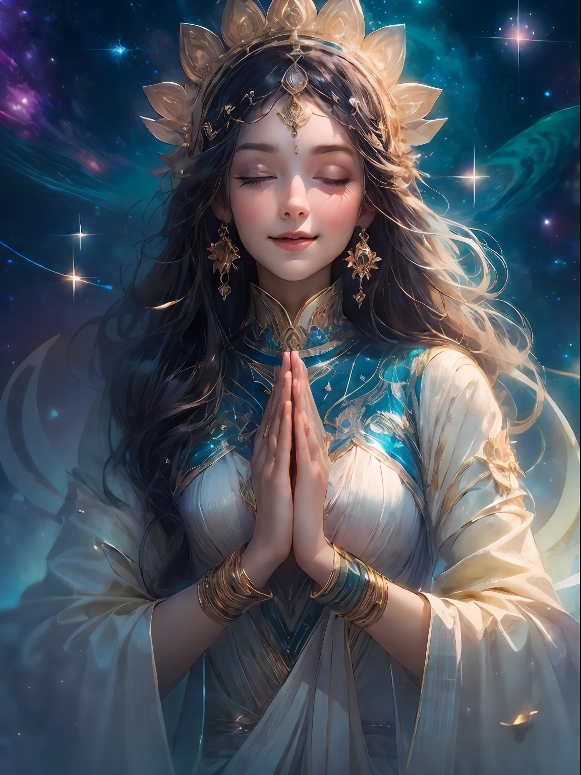 HighestQuali，tmasterpiece：1.2，Detailed details，Beautiful young goddess，gently smiling. She folded her hands together in prayer meditation. She wore a white dress，The stars sparkle in the blue night sky, You sit on a lotus flower，In a fantastic atmosphere，You feel as if you are one with the universe. High definition, 8K