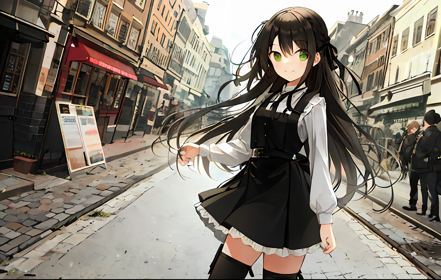 offcial art,1girll, Long hair, Solo, view the viewer, standing,Smile,Green eyes, black thighhigns, Black vest,Hair ribbon, Liu_,Building,Smile, (Dutch angle:0.8), Closed mouth,Outdoors,City,looks away,High contrast,A high resolution,