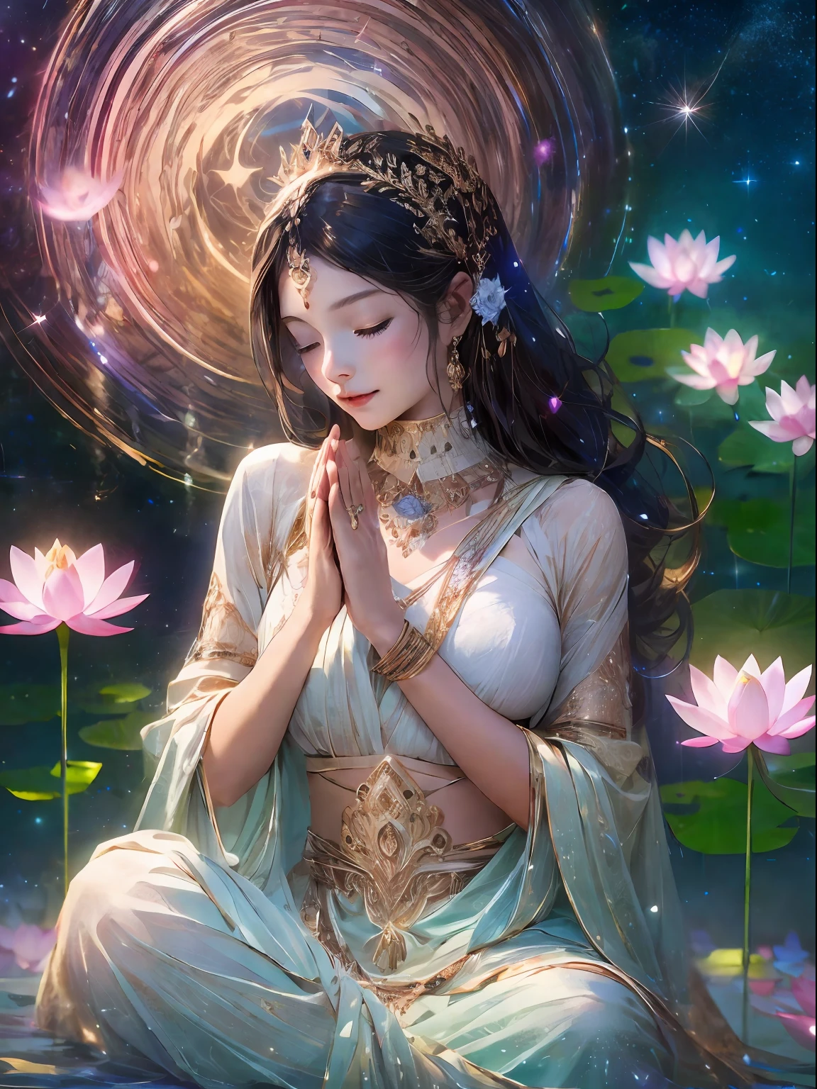 HighestQuali，tmasterpiece：1.2，Detailed details，The beautiful young goddess gently closed her eyes，gently smiling. She folded her hands together in prayer meditation. She wore a white dress，The stars sparkle in the blue night sky, You sit on a lotus flower，In a fantastic atmosphere，You feel as if you are one with the universe. High definition, 8K