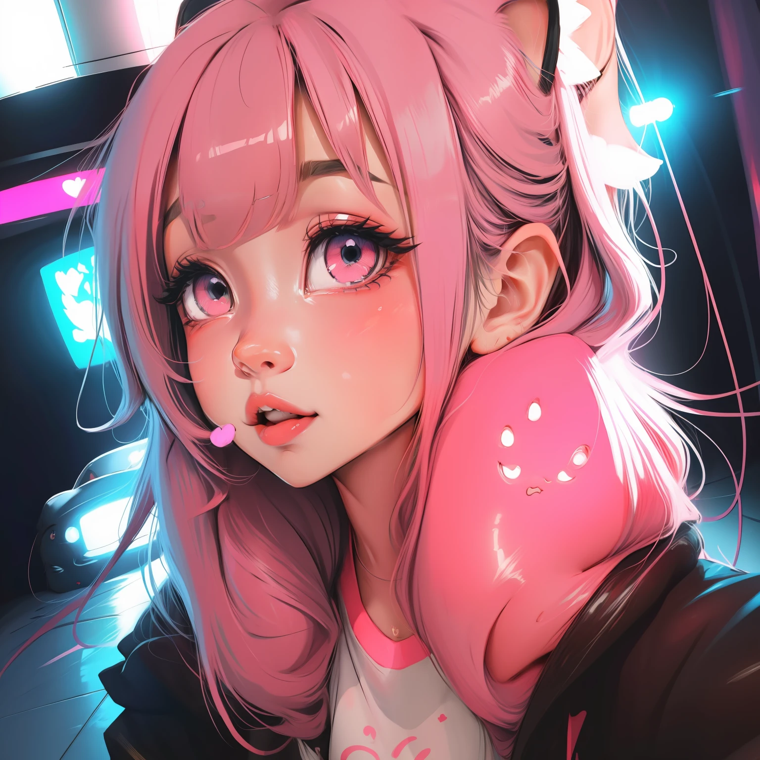 Anime girl with pink hair and pink ears and a pink shirt - SeaArt AI