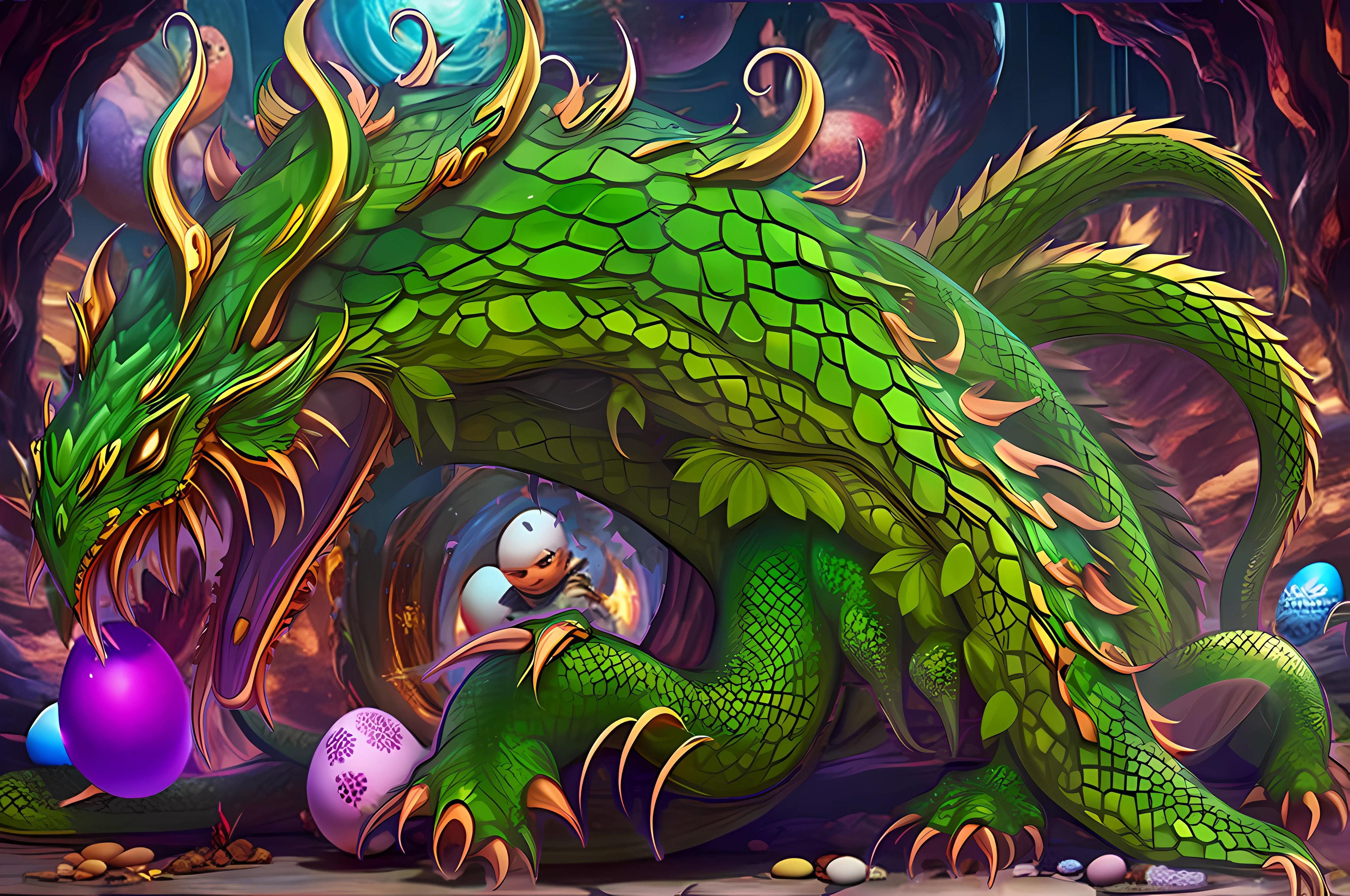 There is a green dragon with a yellow face and a purple egg - SeaArt AI