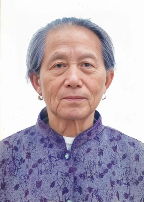 an old woman with blue hair and a purple shirt looks into the camera, yun ling, mei-ling zhou, qiu fang, kakar cheung, yin zhen ...