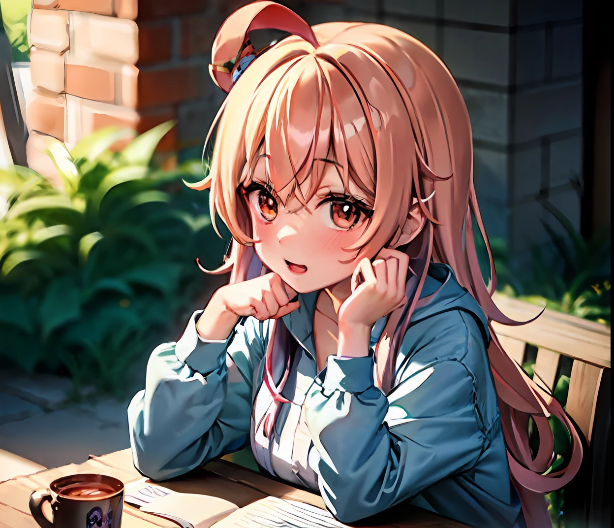 Personaje de anime con cabello rosado sentado en una mesa bebiendo un vaso de agua, anime visual de una linda chica, chica anime llamada lucy, Estilo de arte anime Moe, como personaje de anime, en el anime, una chica anime, en un estilo anime, mejor chica anime, Campamento de anime Yuru, arriba de una joven anime, Hija, figura animada,Lleva un adorno para el cabello de forma cuadrada azul y amarillo en la cabeza.