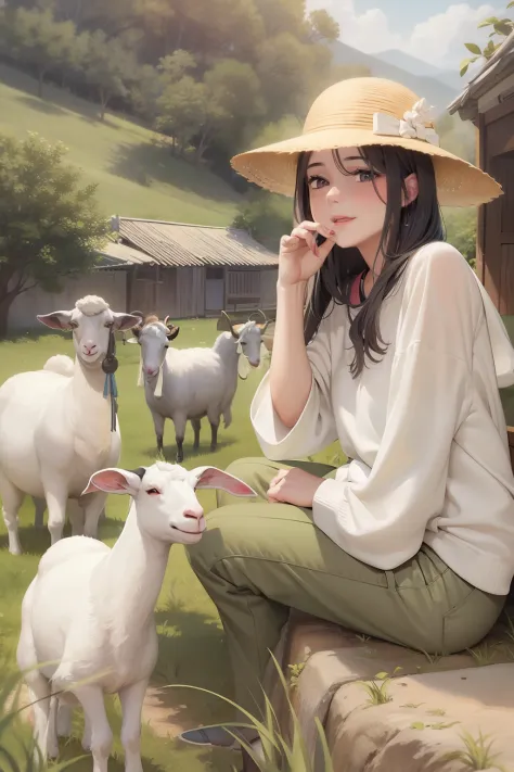 １Pretty Woman、Looking at the camera、Hats、long trousers、Cute Goat 1、Pasture