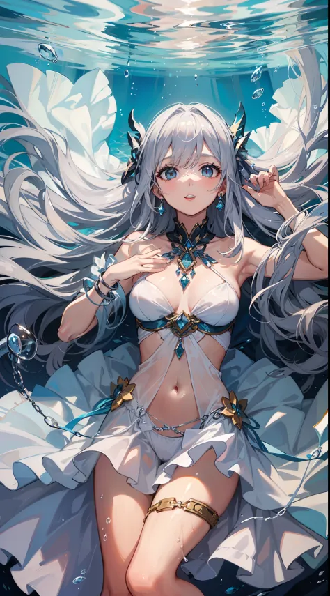 a goddess swimming under the deep sea with white dress, look up shot, (lighting from up:1.5), masterpiece, best quality, her both hands and legs are silver chained,half close eyes, near around small fishes,