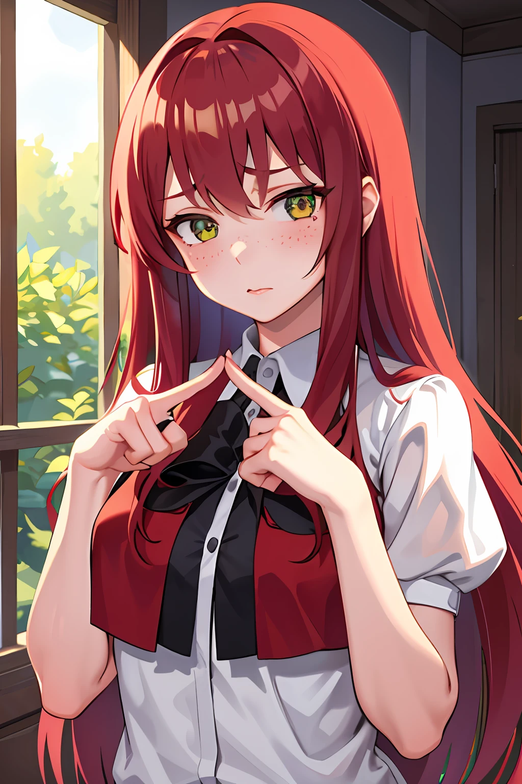 masterpiece, best quality, 1girl, long red hair, green eyes, freckles, upper body, nervous, looking at viewer, index fingers together,