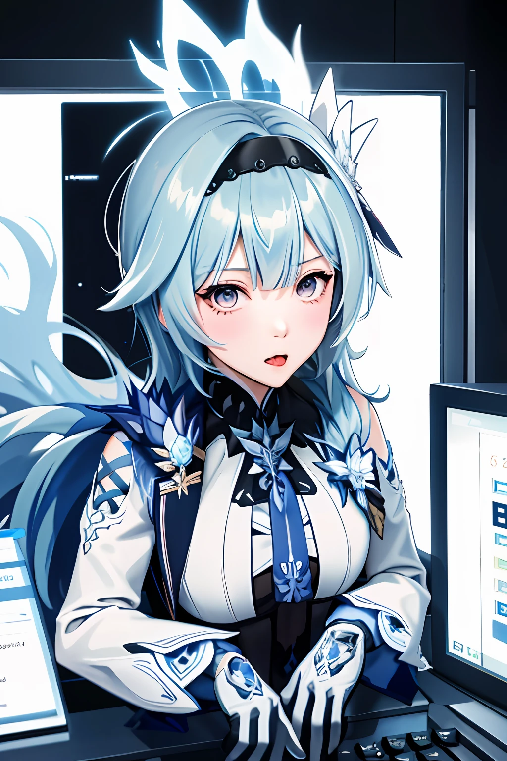 eula ghenshin impact, ghenshin impact eula, anime girl with blue hair playing a game on a computer, masterpiece,1girl, solo, through screen, monitor, white strapless dress, tongue out, hair over one eye, white dress,torn clothes, long hair,blue hair, very long hair