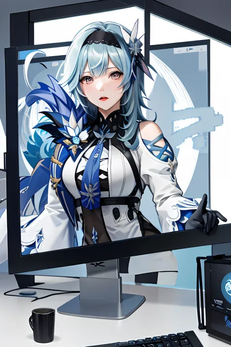 eula ghenshin impact, ghenshin impact eula, anime girl with blue hair playing a game on a computer, masterpiece,1girl, solo, thr...