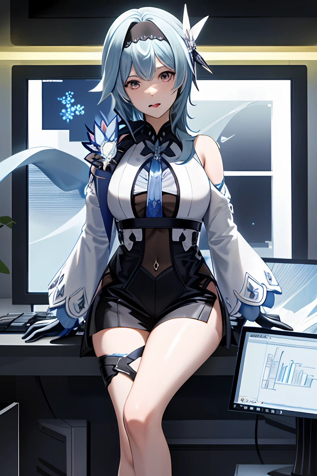 Eula Ghenshin Impact, Ghenshin Impact Eula, anime girl with Blaue Haare playing a game on a computer, Meisterwerk,1 Mädchen, Allein, durch den Bildschirm, Monitor, Weißes trägerloses Kleid, Zunge raus, Haare über einem Auge, weißes Kleid,zerrissene Kleidung, lange Haare,Blaue Haare, very lange Haare