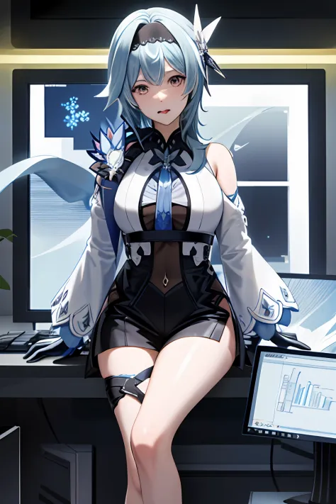 eula ghenshin impact, ghenshin impact eula, anime girl with blue hair playing a game on a computer, masterpiece,1girl, solo, thr...