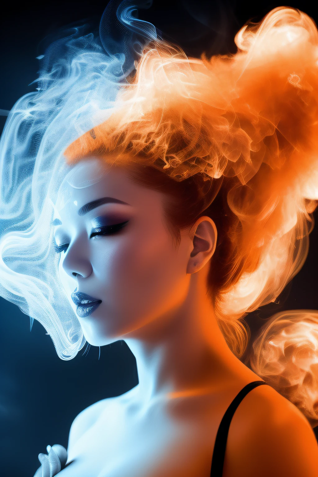 Large orange smoke、Screen full、Overflowing smoke、One Woman In Orange Smoke、Beautuful Women、爆乳、blue backdrop、