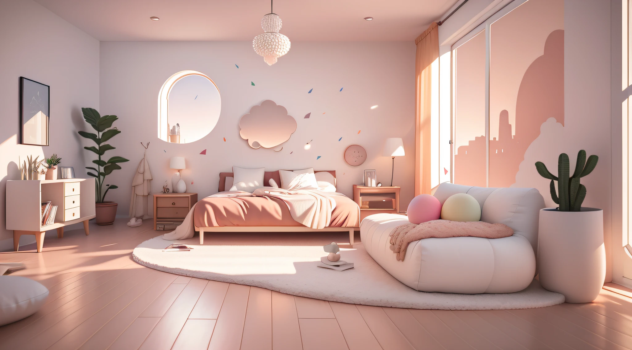 liveroom，Beds，sofe，hugging pillow，wall paintings，decor，terrazzo，warmth，the setting sun，scenecy，inside in room，Front view，spacious。4k，tmasterpiece，A high resolution，extremly intricate）（realisticlying：1.4），3D clay rendering，White background，c4d