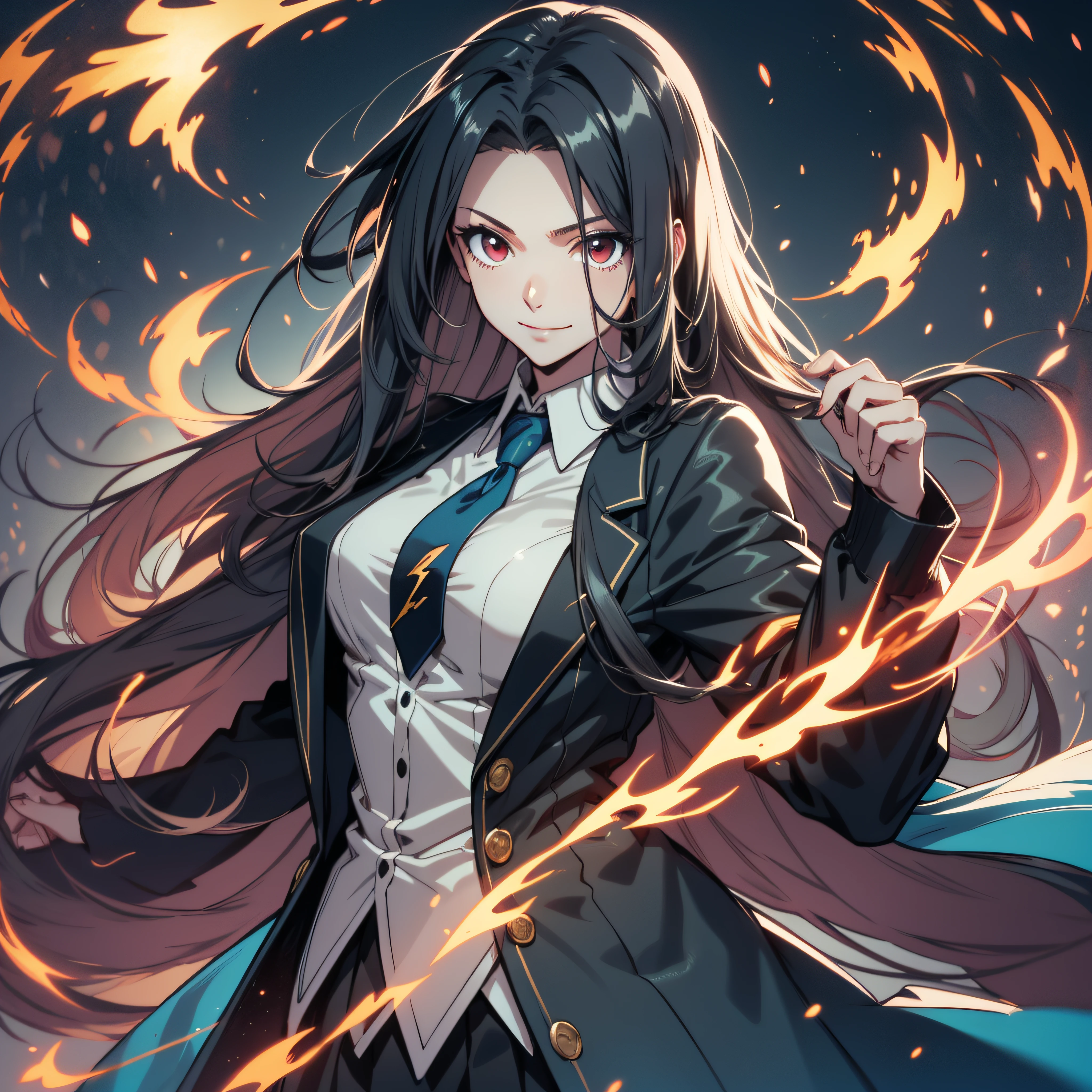 (ultra-detailed, perfect pixel, highrest, best quality), 20 years old Anime girl, smooth anime artstyle, long raven hair, slightly wavy hair, parted bangs, black hair, gradient hair color, Magus, (red eyes, teal eyes), detailed eyes, beautiful eyes, long black coat, ((white shirt)), ((neckwear, long tie)), black skirt, aristocrat, noble attire, beautiful, ethereal, elegant, prestigious, dark forest background, particle effect, fire flame, fire sword, lightning, magic light, standing, half body, beautiful smile, looking at viewer