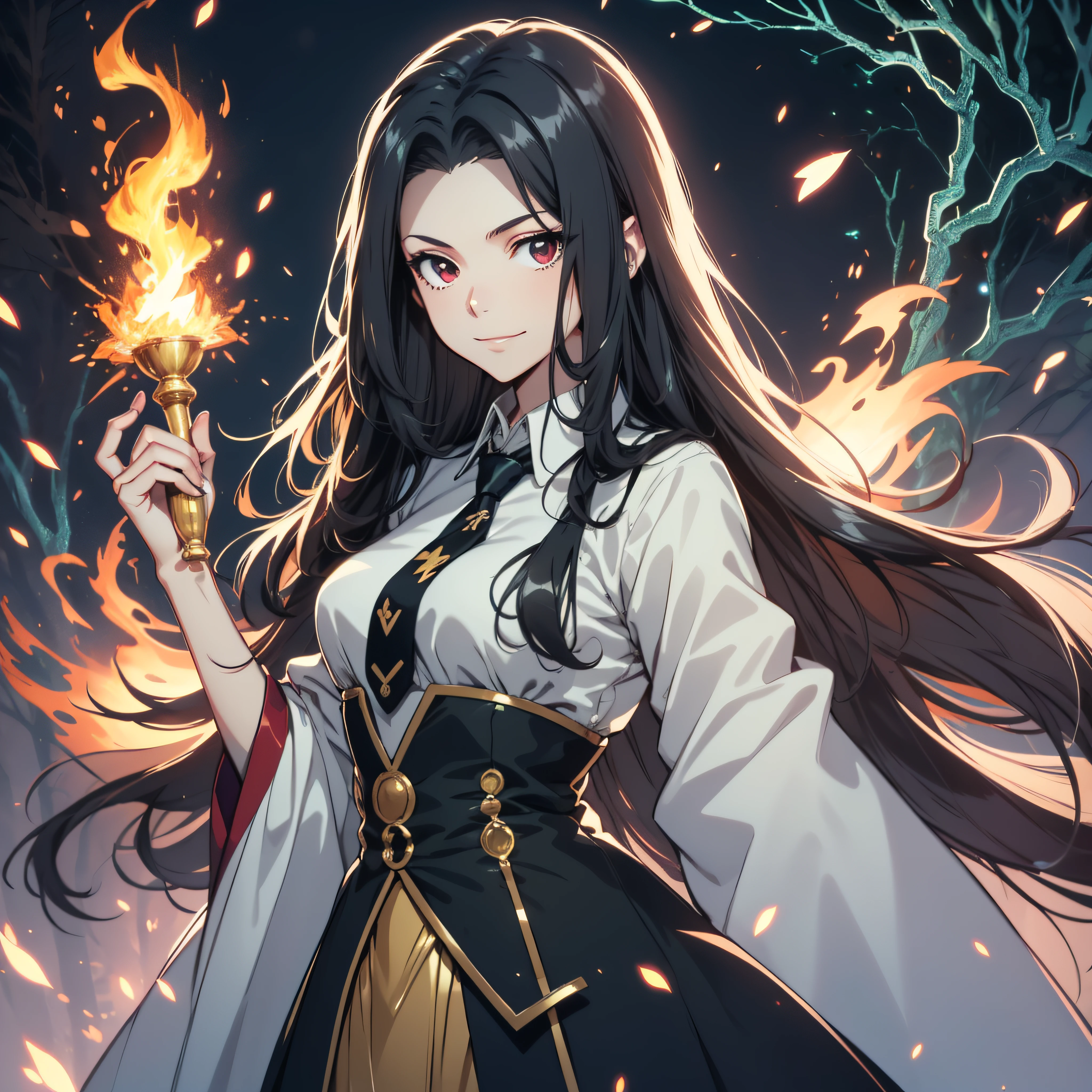 (ultra-detailed, perfect pixel, highrest, best quality), 20 years old Anime girl, smooth anime artstyle, long raven hair, slightly wavy hair, parted bangs, black hair, gradient hair color, Magus, (red eyes, teal eyes), detailed eyes, beautiful eyes, long black coat, ((white shirt)), ((neckwear, long tie)), black skirt, aristocrat, noble attire, beautiful, ethereal, elegant, prestigious, dark forest background, particle effect, fire flame, fire sword, lightning, magic light, standing, half body, beautiful smile, looking at viewer