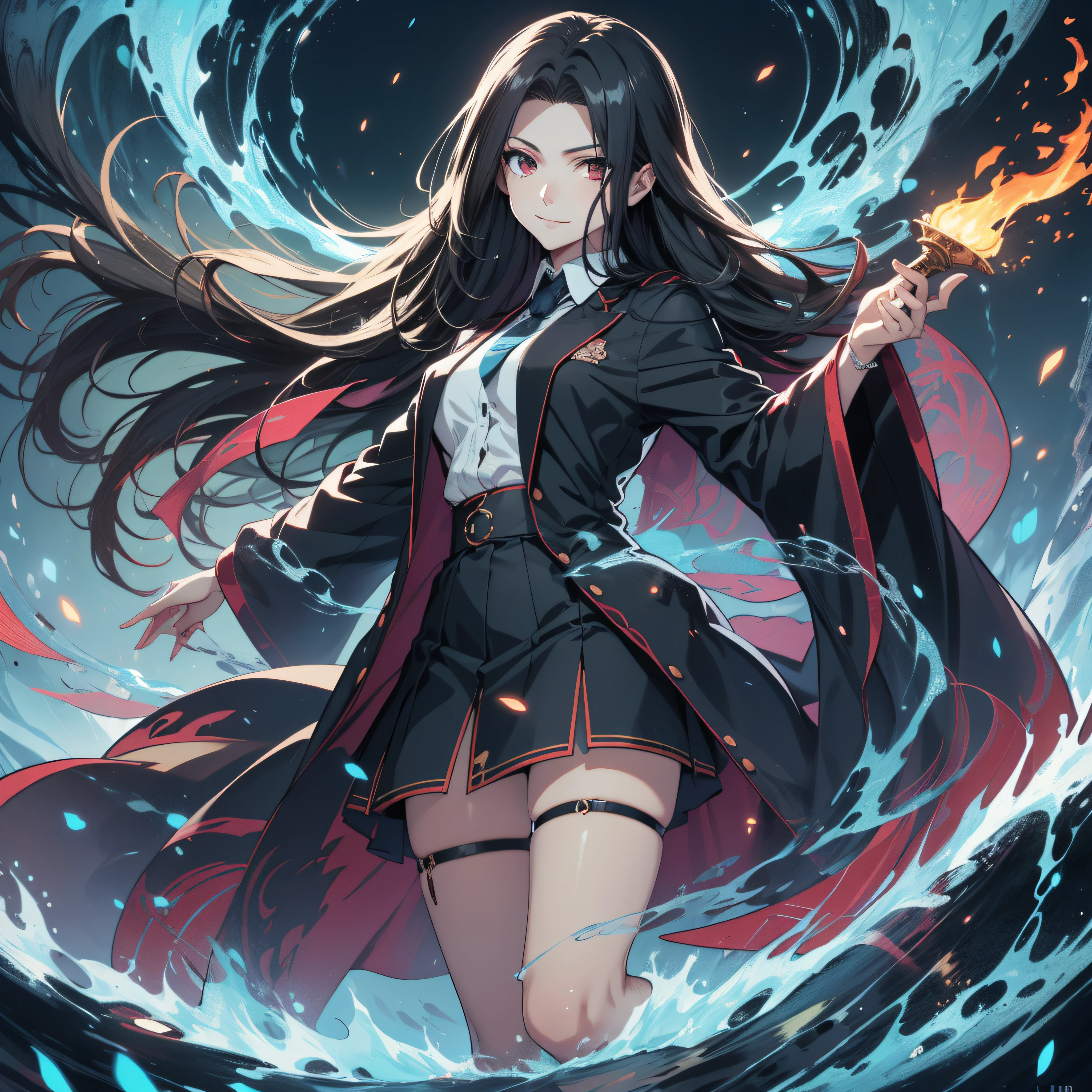 (ultra-detailed, perfect pixel, highrest, best quality), 20 years old Anime girl, smooth anime artstyle, long raven hair, slightly wavy hair, parted bangs, black hair, gradient hair color, Magus, (red eyes, teal eyes), detailed eyes, beautiful eyes, long black coat, ((white shirt)), ((neckwear, long tie)), black skirt, aristocrat, noble attire, beautiful, ethereal, elegant, prestigious, dark forest background, particle effect, fire flame, fire sword, lightning, magic light, standing, half body, beautiful smile, looking at viewer