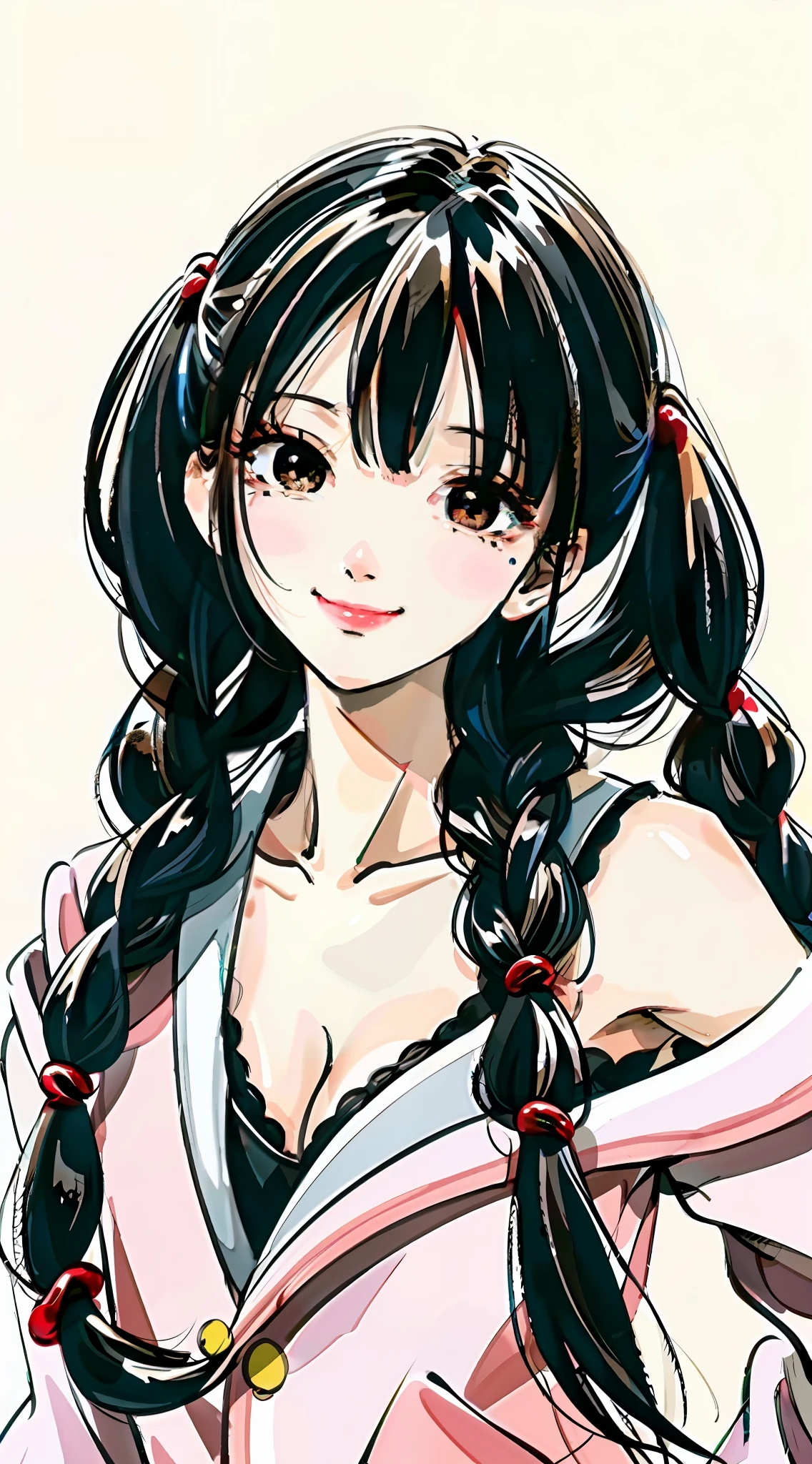 black hair, hair bobbles, light smile, streaked hair, mole under eye, glint, anime style, best quality,upper body,hair strand,Fair skin,side braids