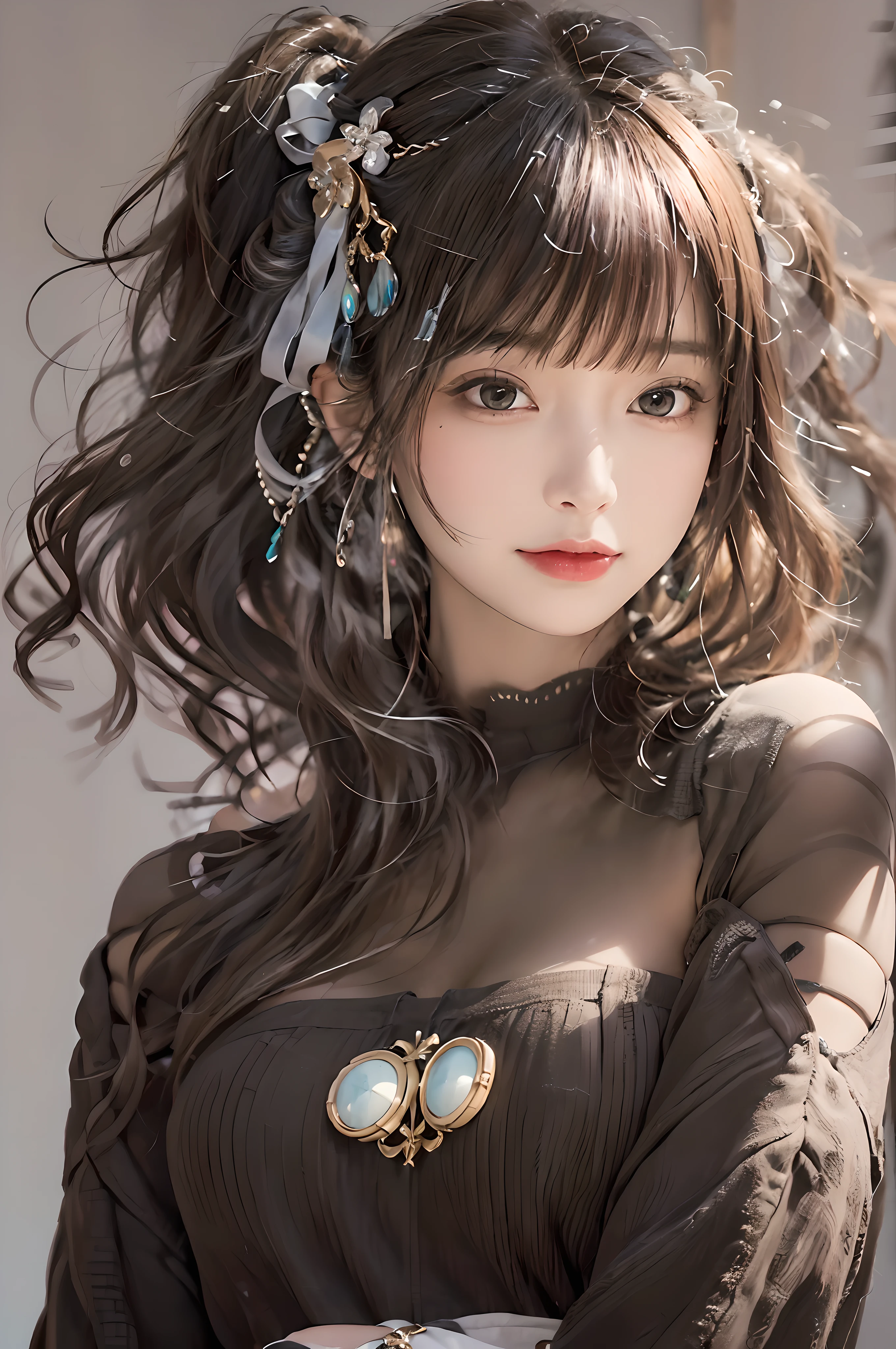 (A hyper-realistic)、(illustratio)、(hight resolution)、(8K)、(ighly detailed)、(Best Illustration)、(beautifully detailed eyes)、(beautiful detailed hair)、(top-quality)、(ultra-detailliert)、(​masterpiece)、(wall-paper）、(A detailed face)、独奏、1 girl in、japanes、looking at viewert、Eight-headed body、skirt by the、Off-the-shoulder summer clothes、natural make up、lowkey、pureerosfaceace_v1、smil、Brown medium straight hair、46-point diagonal bangs