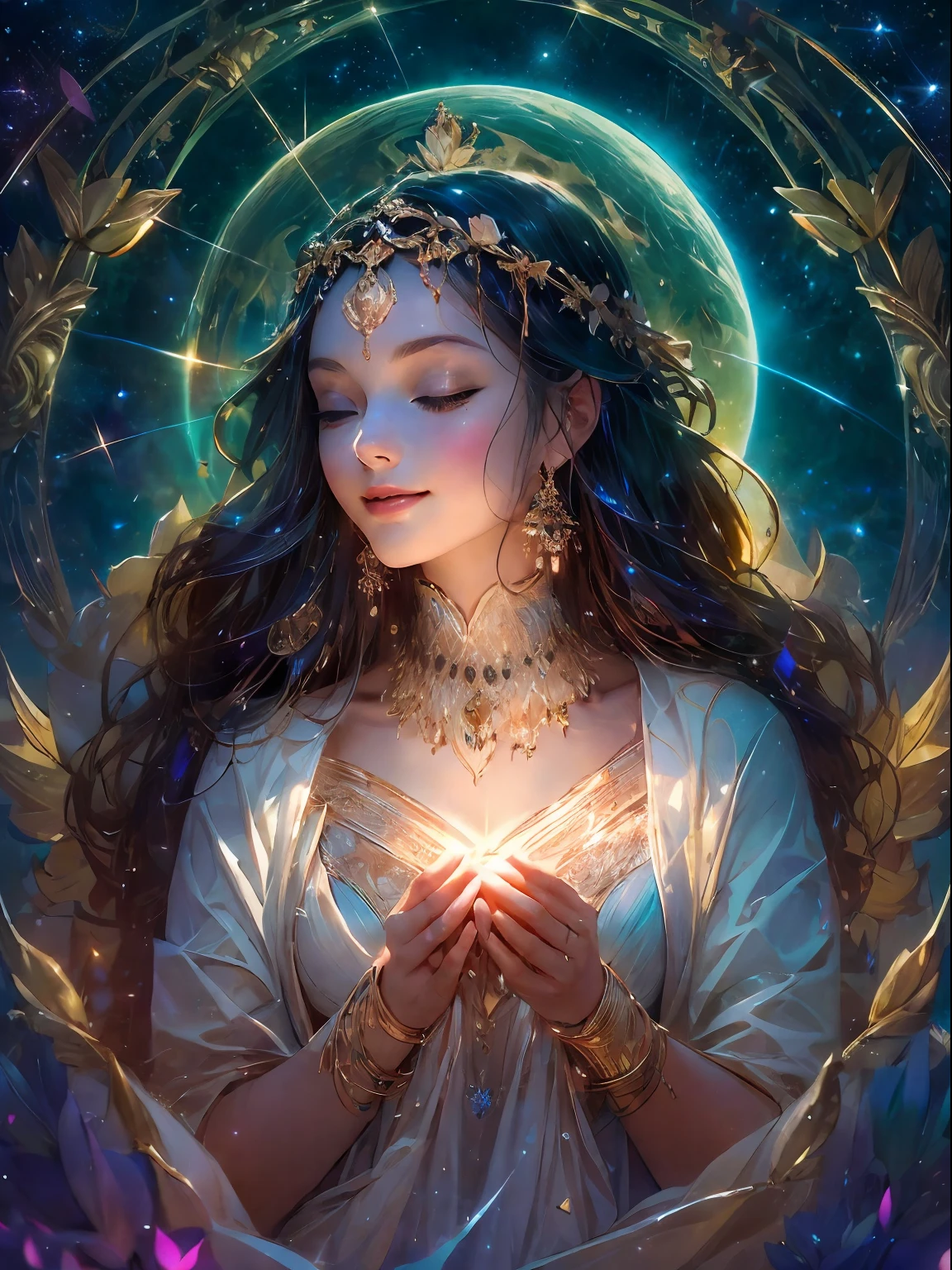 HighestQuali，tmasterpiece：1.2，Detailed details，Beautiful young goddess，gently smiling. She clasped her hands together in prayer meditation. She wore a white dress，Stars sparkle in the blue night sky, You sit on a lotus flower，In a fantastic atmosphere，You feel as if you are one with the universe. High definition, 8K