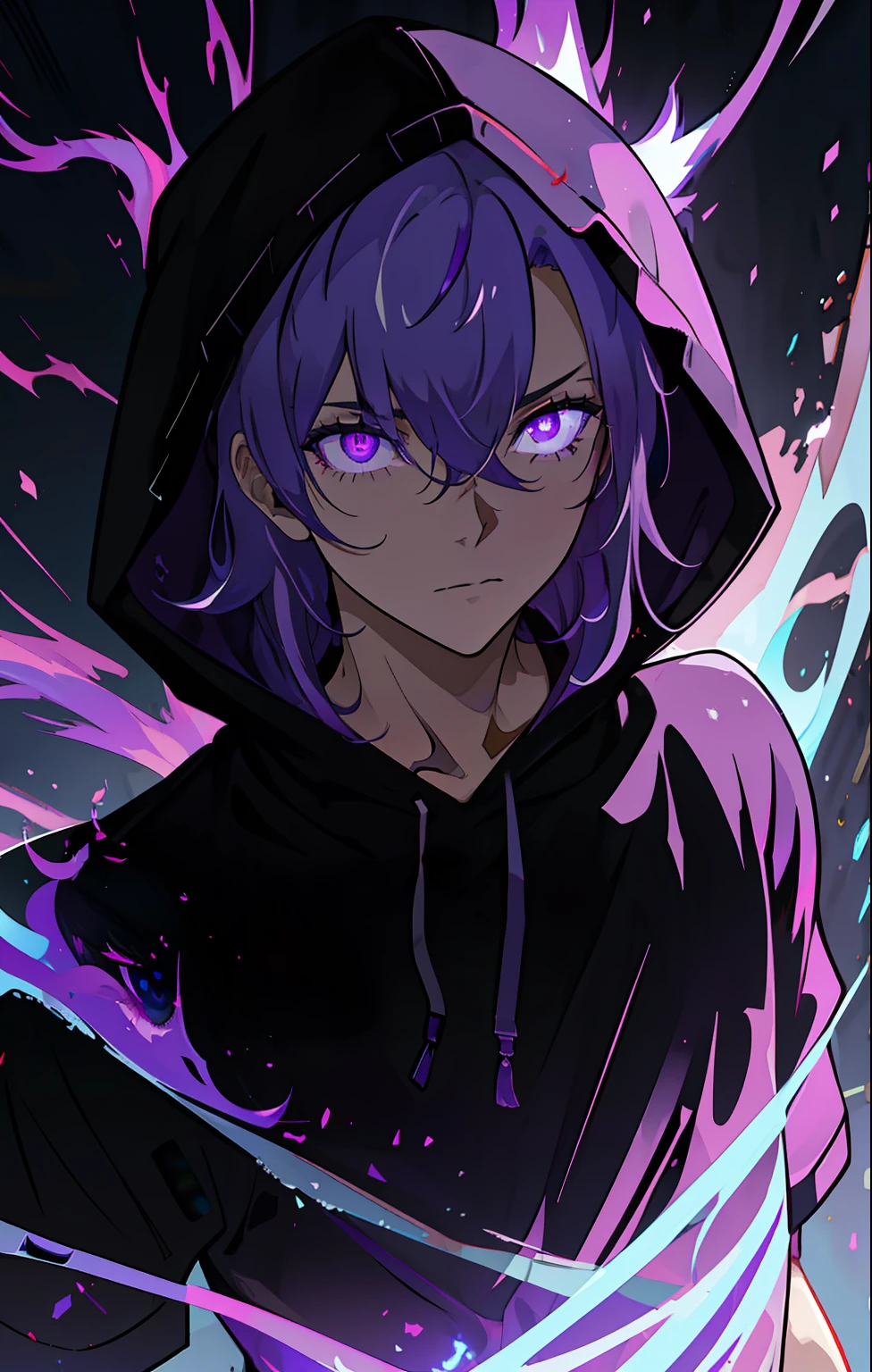 masterpiece, best quality, high quality, 1boy, solo, male focus, looking at viewer, upper body, hair_over_one_eye, scar, (purple eyes, glowing eyes, glow eyes), mangastyle, realistic beautiful eyes, dynamic poses, dynamic pose, long hair, femboy, hoodie