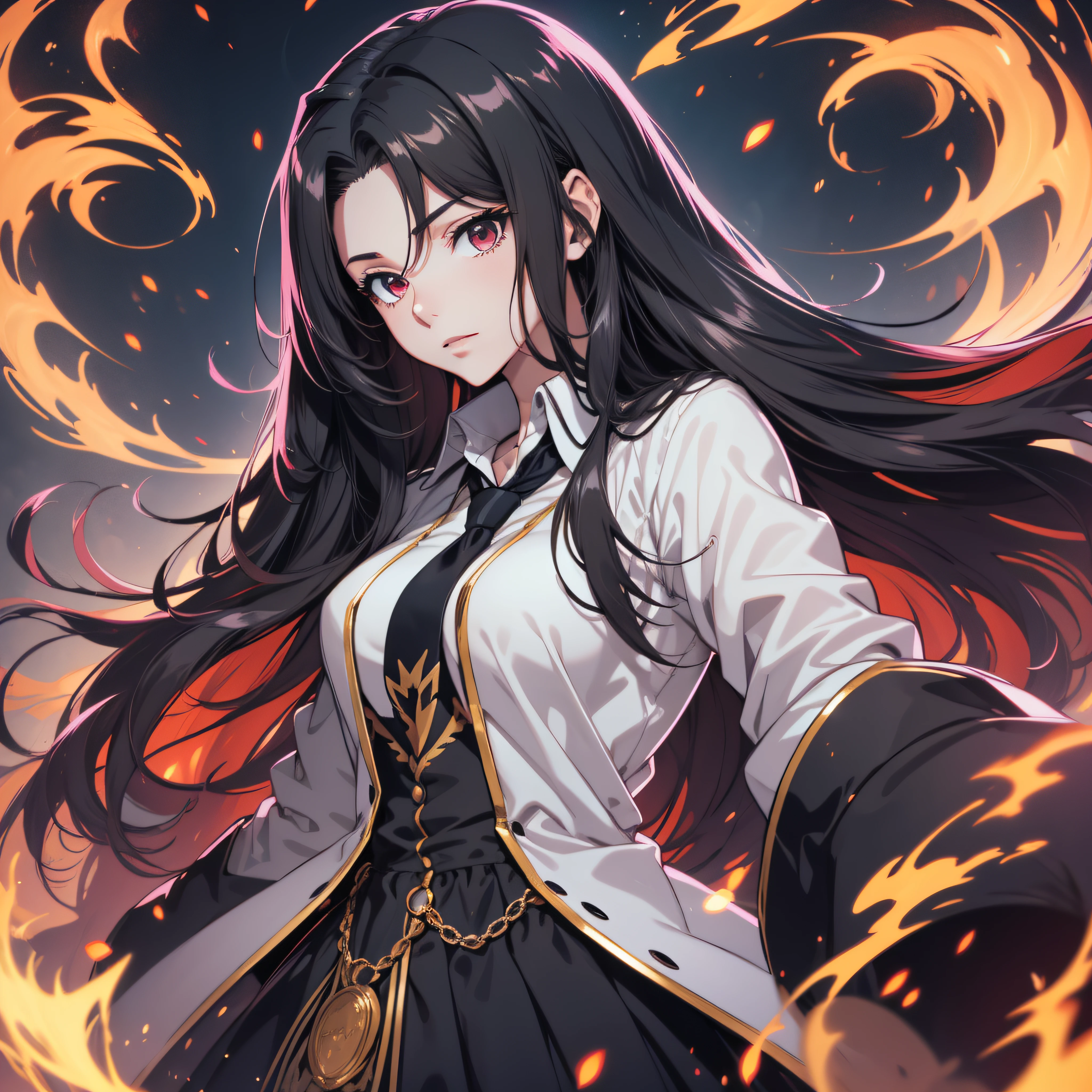 (ultra-detailed, perfect pixel, highrest, best quality), 20 years old Anime girl, smooth anime artstyle, long raven hair, slightly wavy hair, parted bangs, black hair, gradient hair color, Magus, red eyes, detailed eyes, beautiful eyes, long black coat, ((white shirt)), ((neckwear, long tie)), black skirt, aristocrat, noble attire, beautiful, ethereal, elegant, prestigious, dark forest background, particle effect, fire flame, lightning, magic light, standing, half body