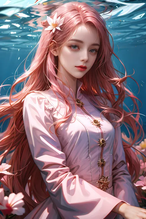 (absurdres, highres, ultra detailed), 1girl, solo, mature, (long pink hair), fanasy, dress, long sleeve, elegant, holy, colorful...