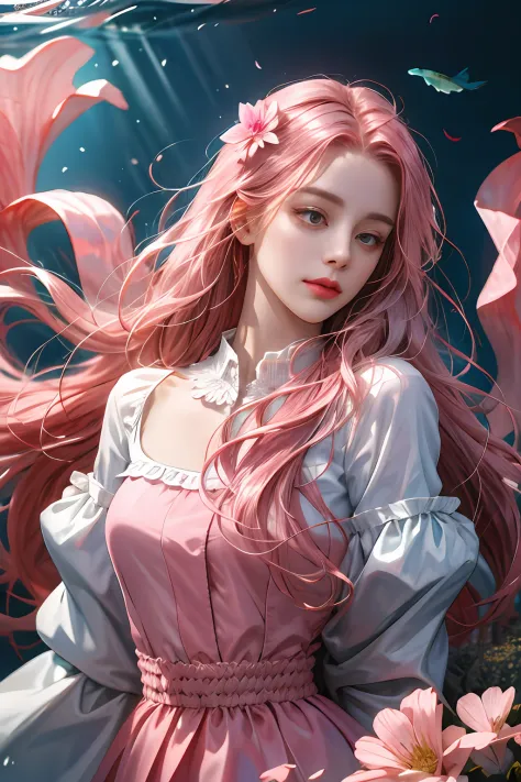 (absurdres, highres, ultra detailed), 1girl, solo, mature, (long pink hair), fanasy, dress, long sleeve, elegant, holy, colorful...