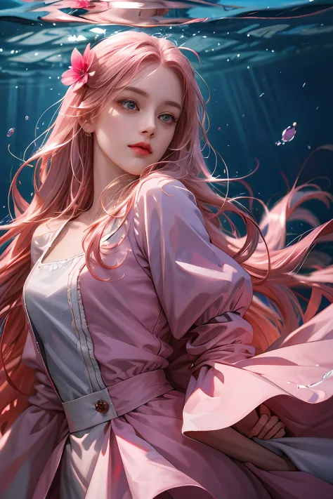 (absurdres, highres, ultra detailed), 1girl, solo, mature, (long pink hair), fanasy, dress, long sleeve, elegant, holy, colorful...