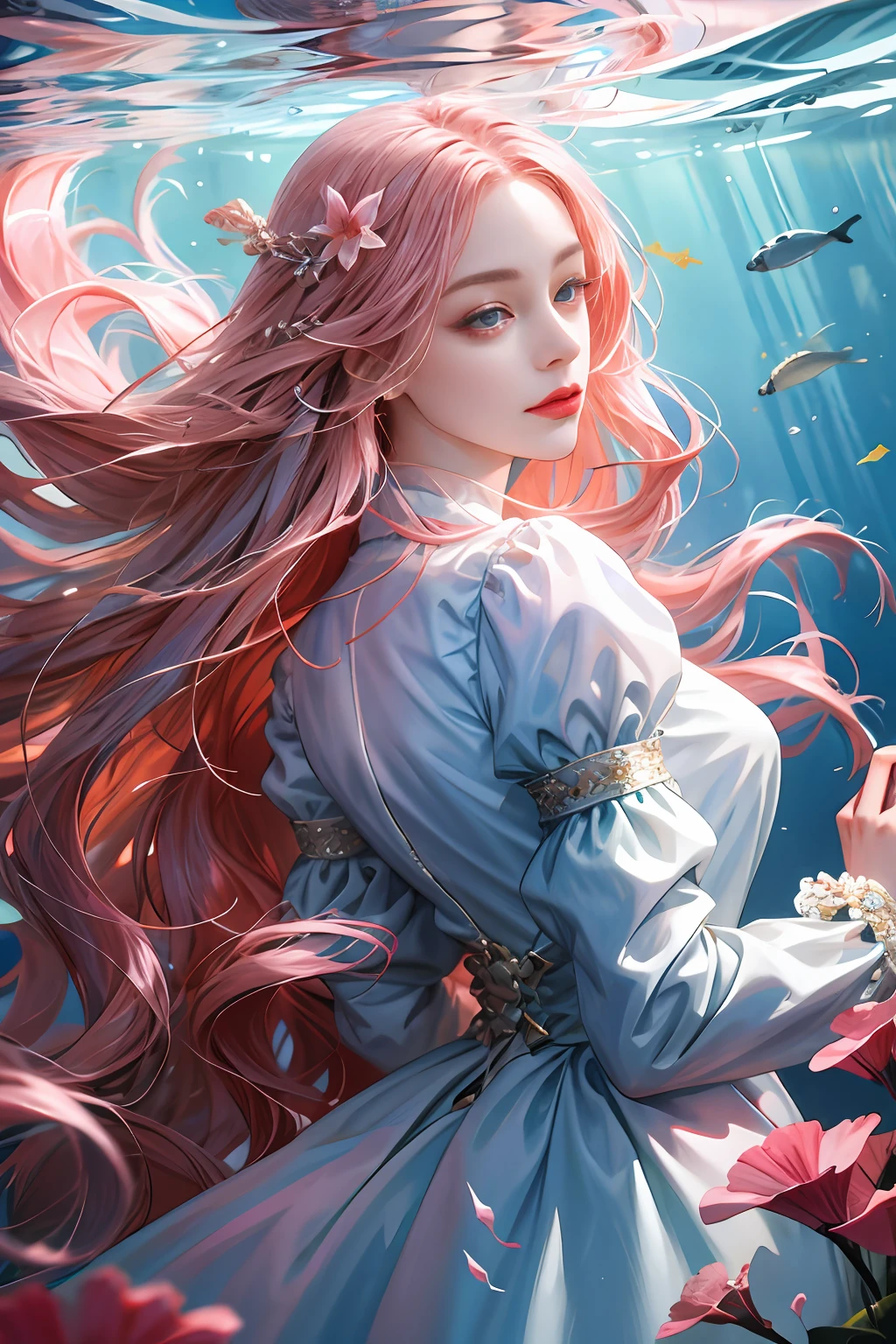 (absurdres, highres, ultra detailed), 1girl, solo, mature, (long pink hair), fanasy, dress, long sleeve, elegant, holy, colorful, highest detailed, underwater, floating hair, flower, arms behind back, upper body, dutch angle