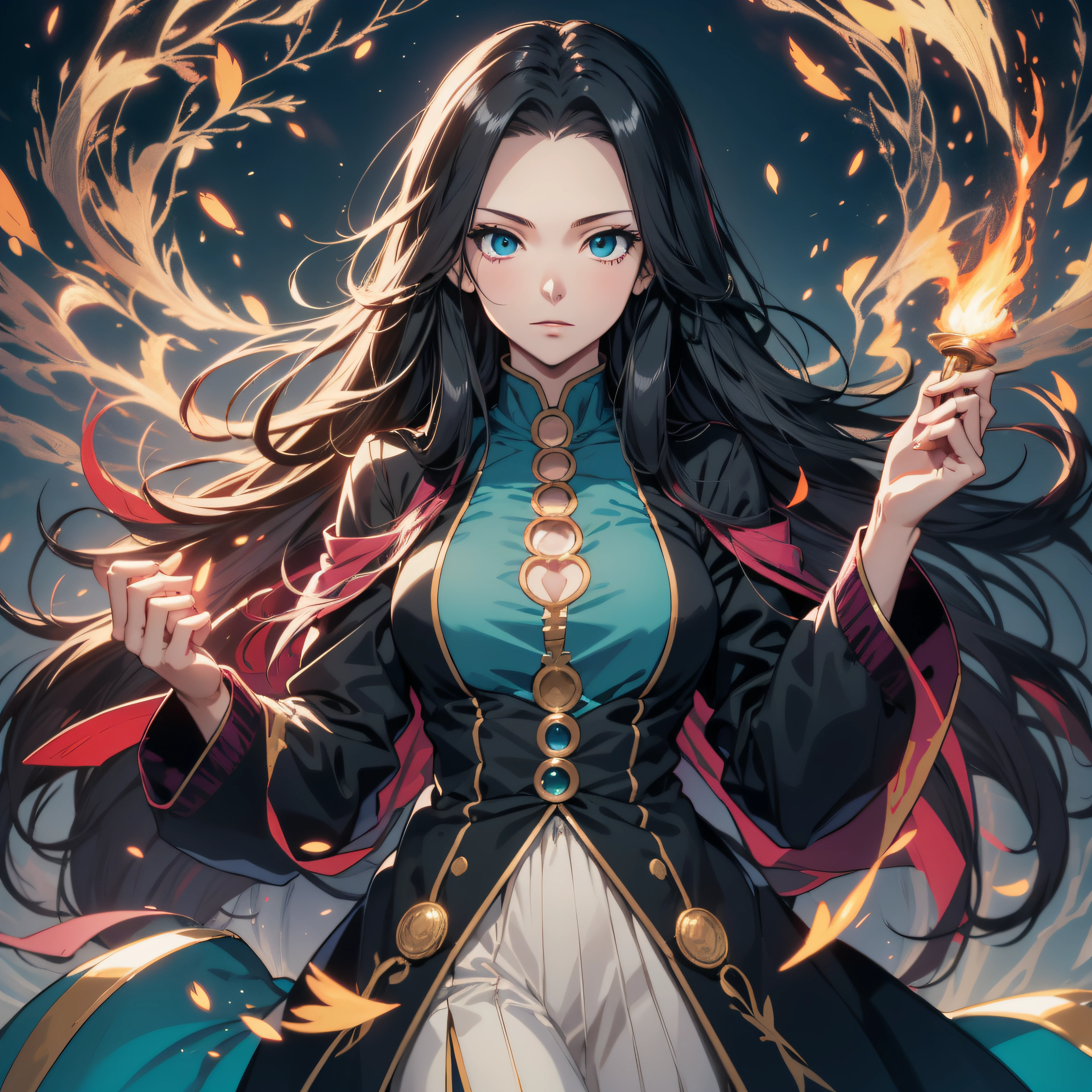 (ultra-detailed, perfect pixel, highrest, best quality), 20 years old Anime girl, smooth anime artstyle, long raven hair, slightly wavy hair, parted bangs, black hair, gradient hair color, Magus, teal eyes, detailed eyes, beautiful eyes, long black coat, white red shirt, neckwear, black skirt, aristocrat, noble attire, beautiful, ethereal, elegant, prestigious, dark forest background, particle effect, fire flame, lightning, magic light, magic sword, standing, half body