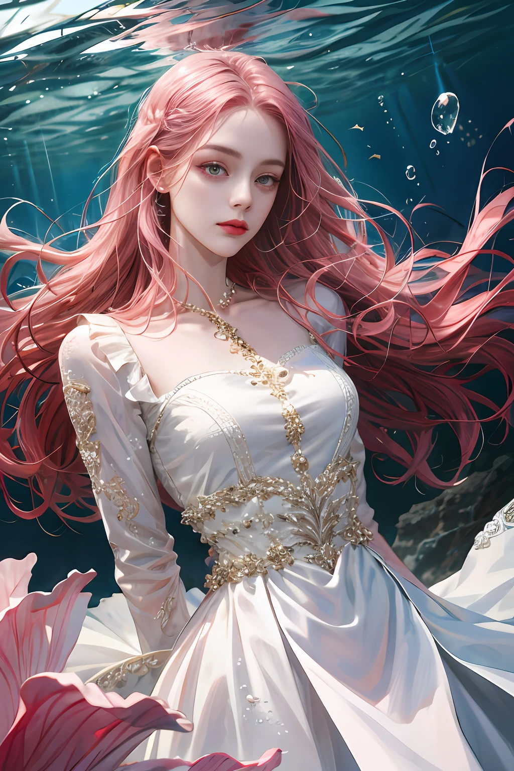 (absurdres, highres, ultra detailed), 1girl, solo, mature, (long pink hair), fanasy, dress, long sleeve, elegant, holy, colorful, highest detailed, underwater, floating hair, flower, arms behind back, upper body, dutch angle