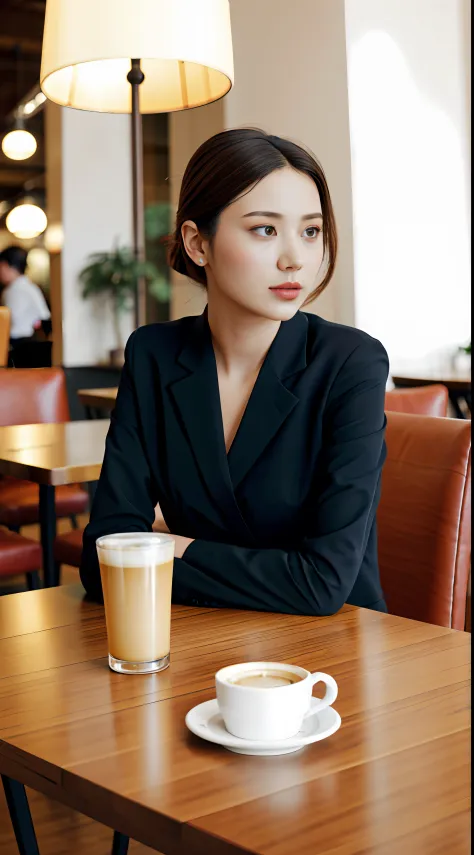 a beautiful model sitting in a café, featuring an elegant and dignified atmosphere, bright color tones, soft atmosphere, warm an...