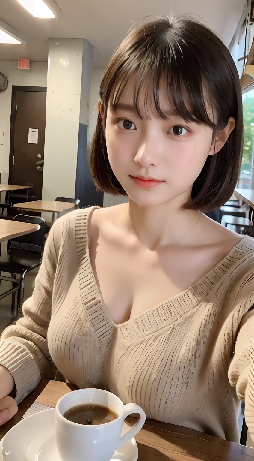 Junior high school student with too big, studying in a café, 15 years old, super breasts, drooping milk, soft, sweat, short hair, knitted V neck