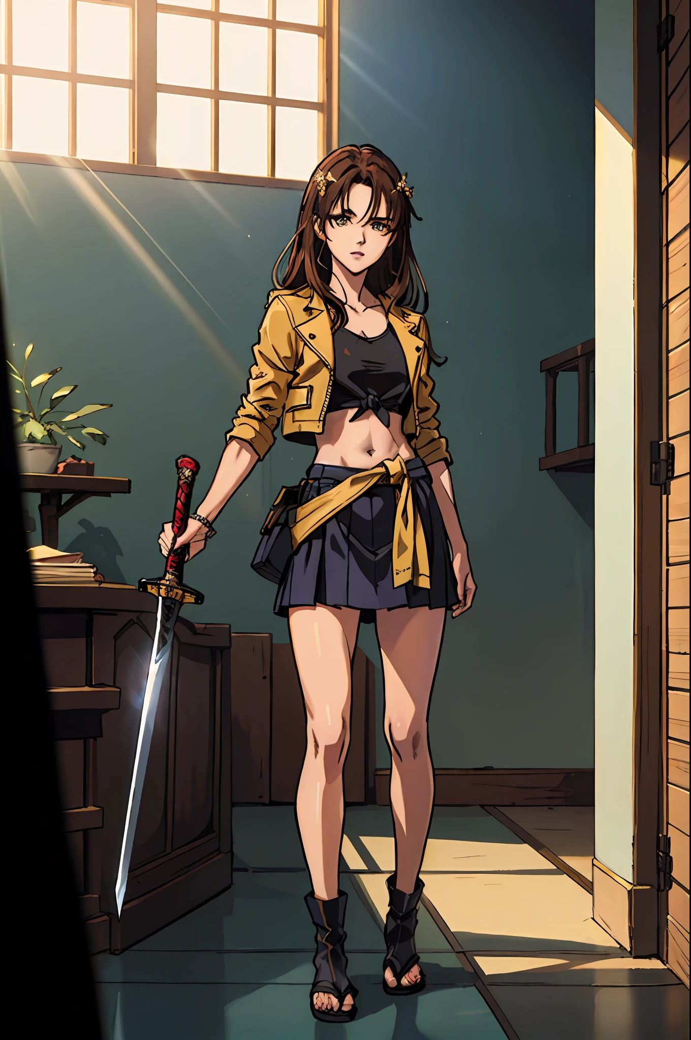 a woman with long brown hair, her delicate face revealing a determined expression, dressed in a crop top that exposes her waist, adorned with a yellow leather jacket, two ribbons are tied around her right hand, wears a short skirt with a small pouch tied around her waist, a dagger strapped to her leg, her slender body conceals well-defined muscles, in front of her lies a large sword, depicting a fantasy-style bounty hunter with a Japanese anime design, character design is intricate details, showcasing a mature Japanese manga artistic style, ((character concept art)), full body character drawing, high definition, best quality, ultra-detailed, extremely delicate, anatomically correct, symmetrical face, extremely detailed eyes and face, high quality eyes, creativity, RAW photo, UHD, 8k, (Natural light, professional lighting:1.2, cinematic lighting:1.5), (masterpiece:1.5)