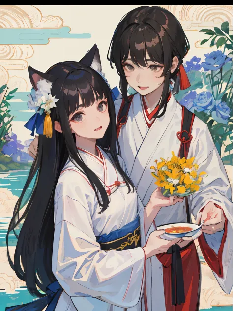 ((4K、​masterpiece、top-quality))、(Two men smiling face to face)、Gray-haired man with beautiful fox ears、Strong man with black hair with wolf ears、ink and watercolor painting、Traditional Chinese Ink Painting、lotuses、Hanfu、Maxi Kit、Dress conservatively、Animal...