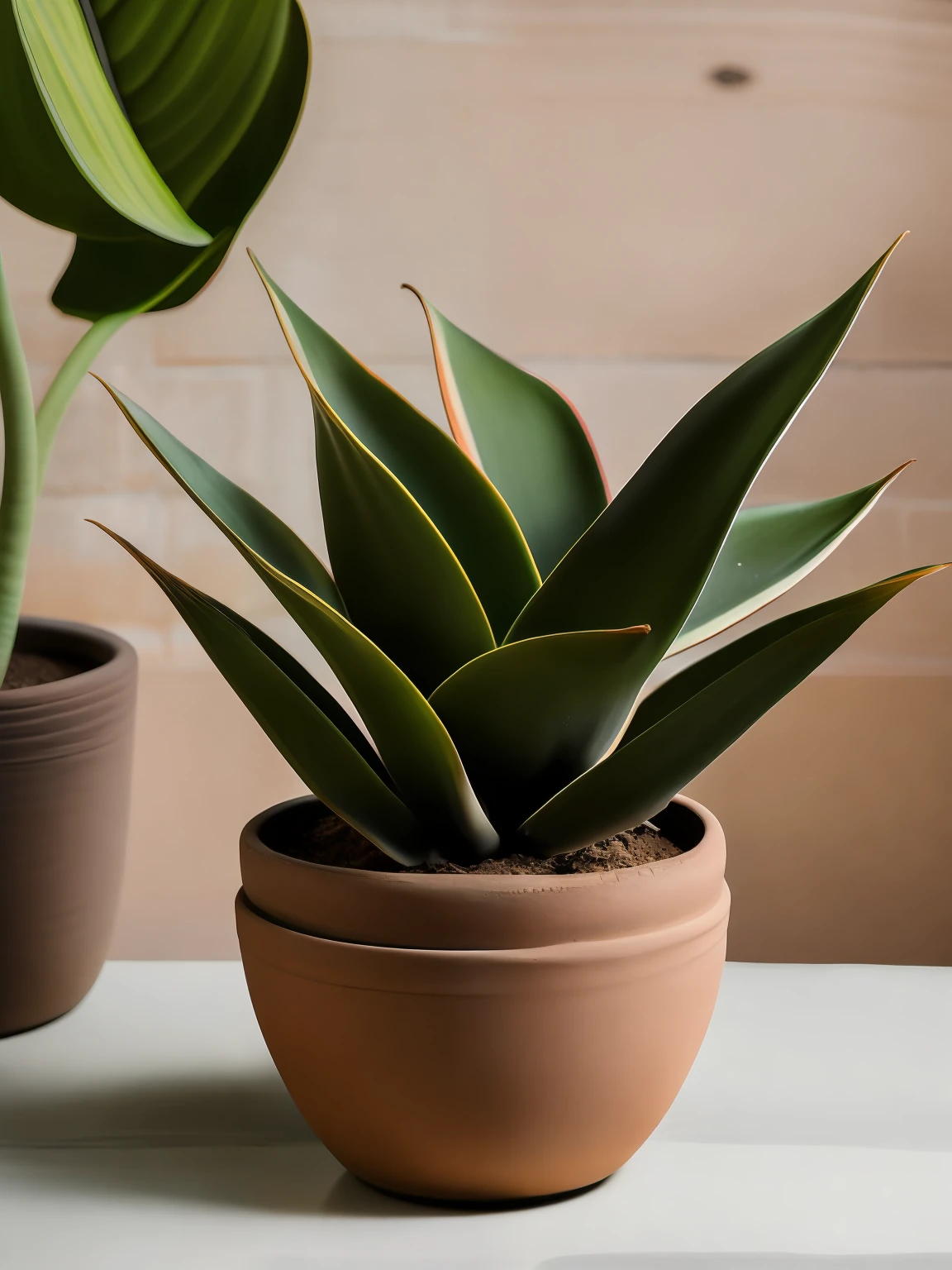 A clay pot with a Sanseveria plant inside