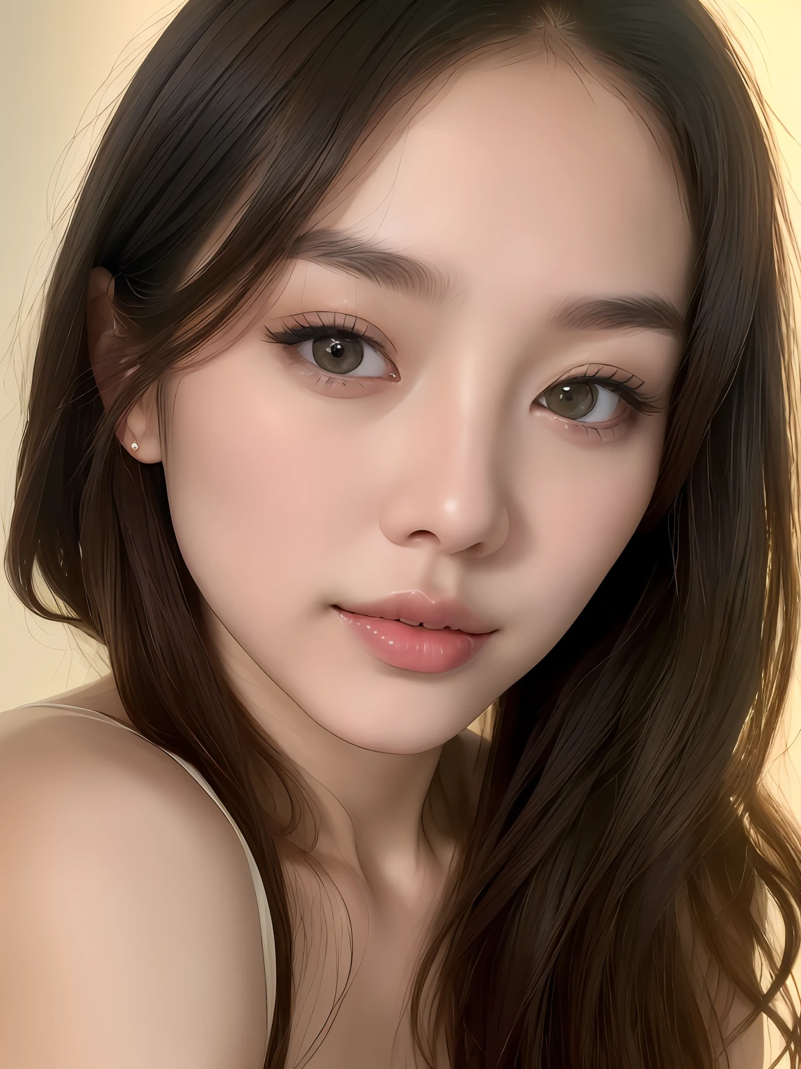 (写実的な:1.2), 芸術作品, 韓国のスター、24歳の女性が自然かつ自発的にポーズをとるプロのスタジオ写真, 生き生きとした視線, 楕円形の顔, 頬骨が高い, まっすぐな鼻, 澄んだ丸い目, (ふっくらとした唇:1.2), 繊細な顎, ナチュラルヘア, 非常に詳細な肌, 自然な肌の質感, 青白い肌, プロのドラマチックな照明