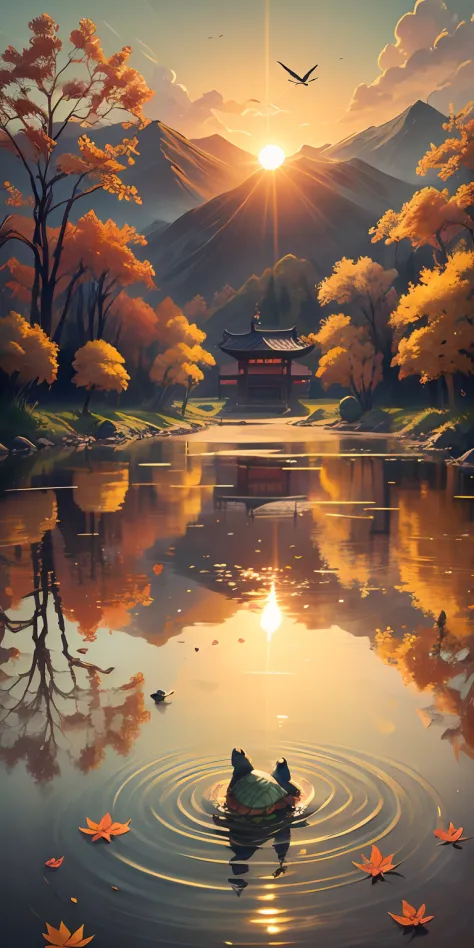 （Chinese Gongbi Painting：1.3），filigree，Meticulous portrayal，The sunset and the solitary crane fly together，(A turtle:1.4),The autumn water is the same for a long time，The beauty of ancient poetry，the setting sun，（Wild geese in the sky in the distance：1.2），...