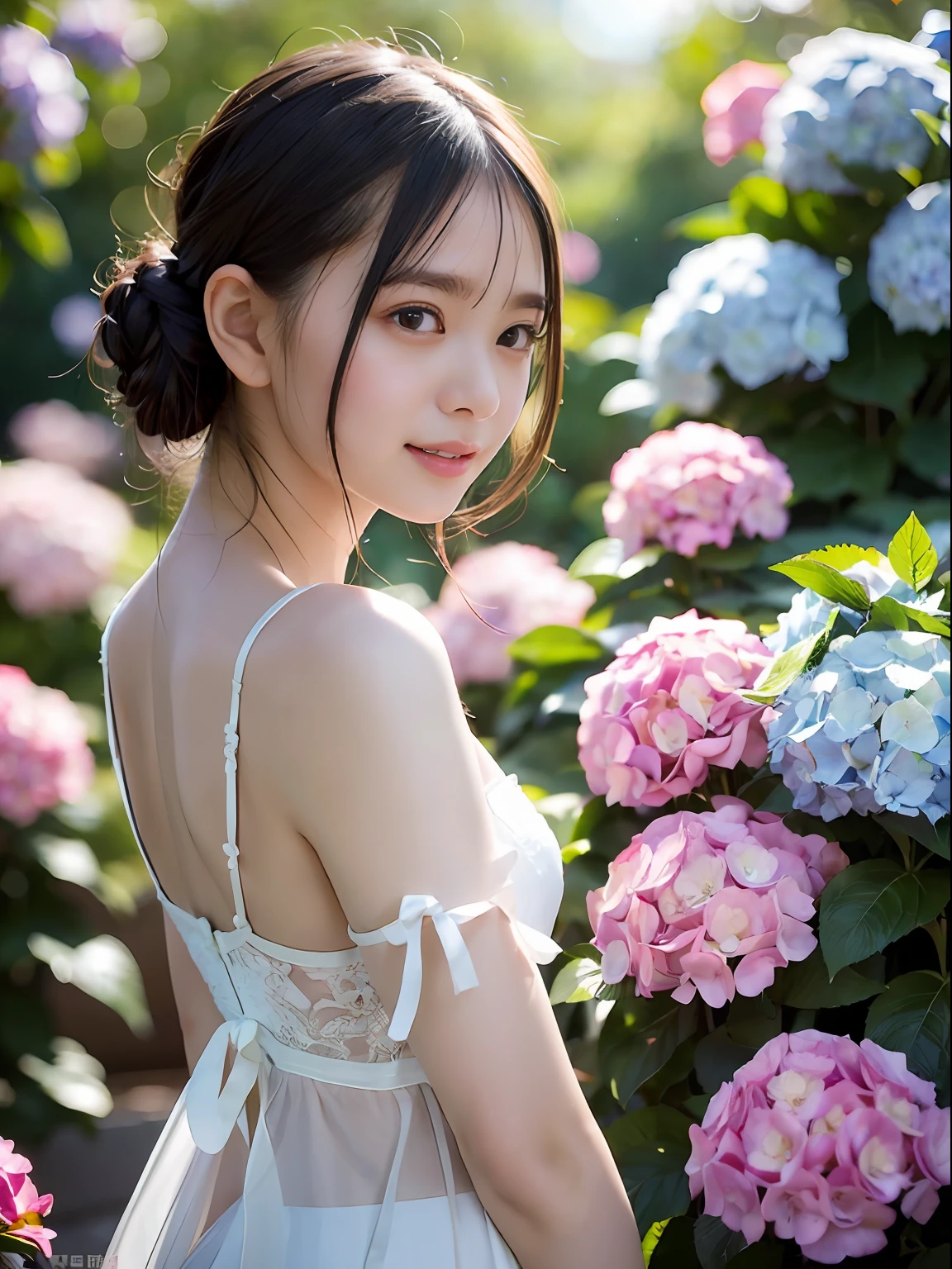 (((Full body photo)))), ((Single eyelid))),((Sunset backlight))),(Lens flare)),(Wearing china clothes)),(((Super Soft Focus)))))), smiling, (Profile))))), (Upward)), twilight, showering, Colorful hydrangea on background, surrounded by hydrangeas, ((soft sunset)), (yinchuan:1.5), masterpiece, best quality, raw photo, photorealistic, face, beautiful girl, cute, short hair, ((((depth of field)))), high resolution, ultra detail, fine detail, very detail, cinematic lighting