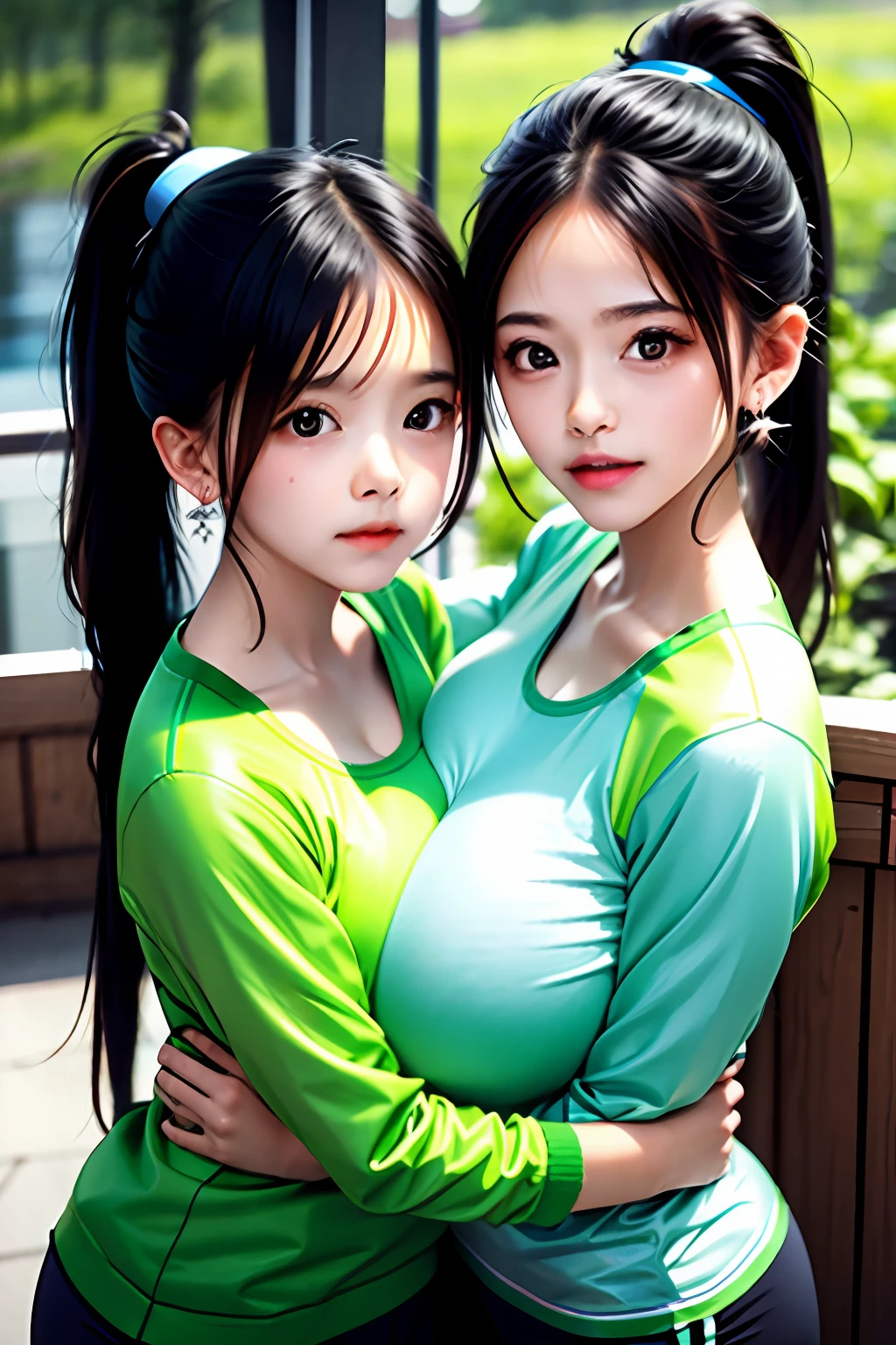 Two very young little girls hugging each other，（The act of undressing.），Ponytail braid，Wear damp green sportswear，Soaked sportswear，Sweat all over the body，（Extremely huge super swollen breasts, Z-cup breasts.）