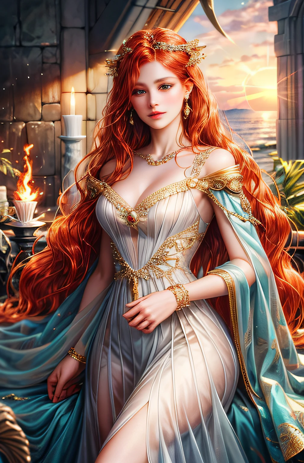 ( High quality , ultra detailed to hand ) ( careful hand ) Zodiac sign- Aries goddess , Similar to Latin goodness , brave ,willful ,productive ,enterprising and humanitarian face . Moody, impulsive, Impatient, assertive style . sunset reddish hair , Transparent dress , in the ocean with sun , Whole body , crystal fire eyes ( eye detailed ) . strong powerful make up look . goddess of fire .