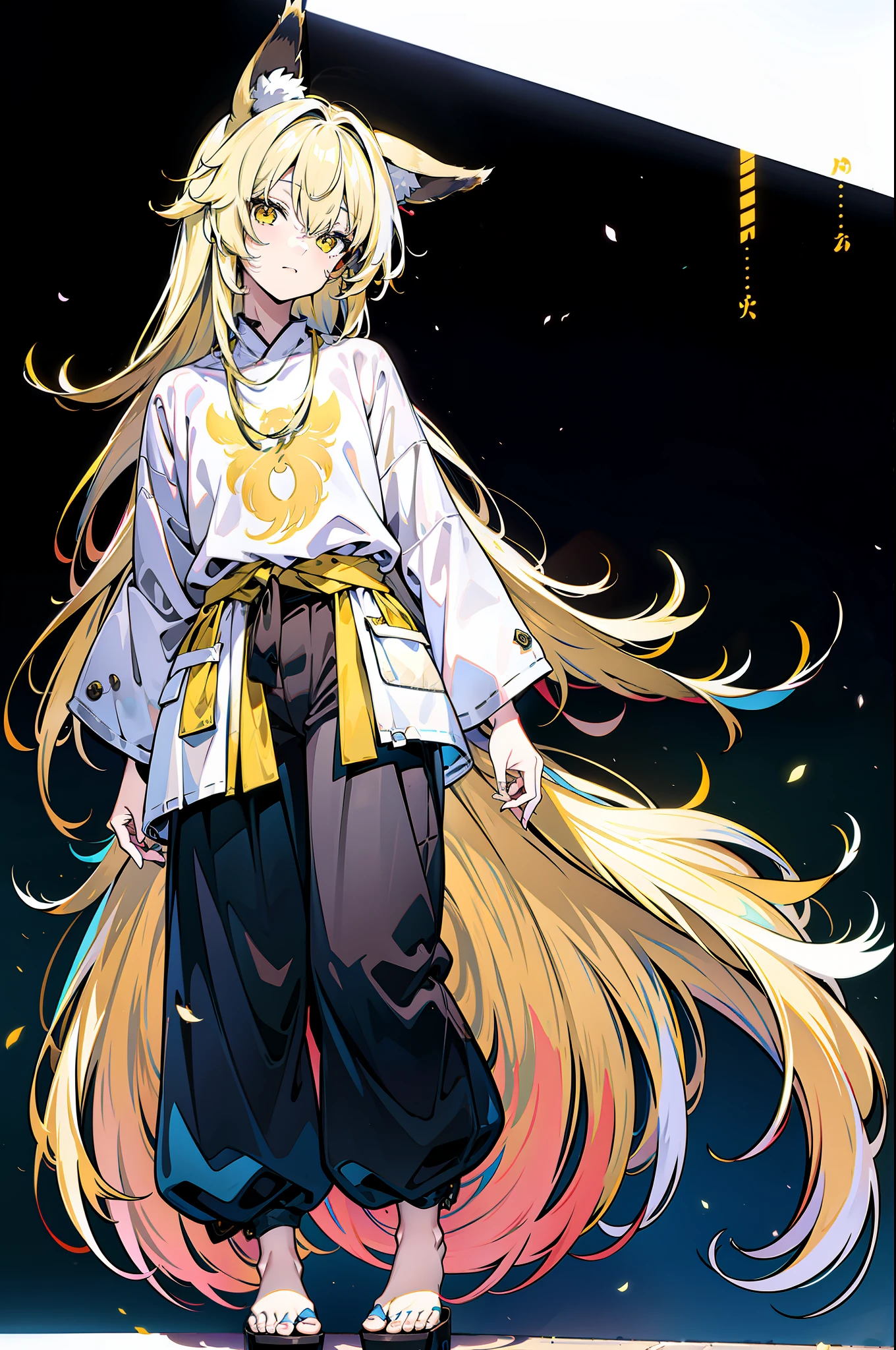 Kizi，Wolf ears，Hair covers the left eye，Brownish-yellow hair，dual horsetail，Heteropupil，robe，shorter pants