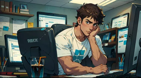 working hard，office worker，at the office，sit in a brain chair，male people，tee shirt，handsome，lazy，look closely at the computer，p...